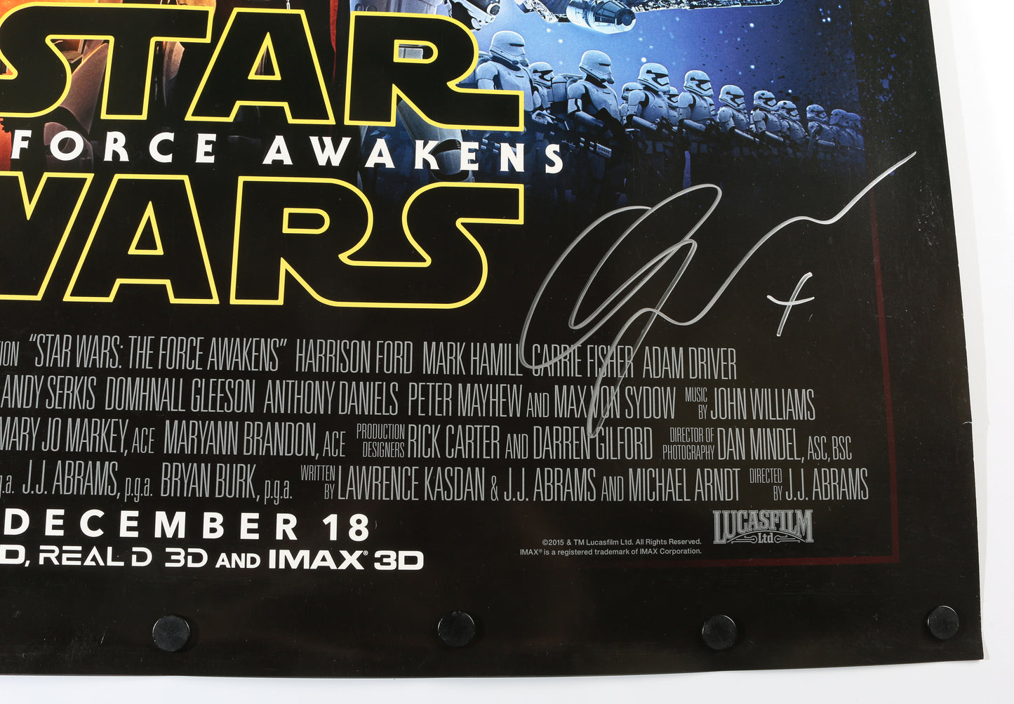 
                  
                    Star Wars: The Force Awakens 27x40 Poster Cast Signed by Harrison Ford, Carrie Fisher, Daisy Ridley, John Boyega, Oscar Isaac, Lupita Nyongo, Adam Driver, Gwendoline Christie, & Director: J.J. Abrams
                  
                