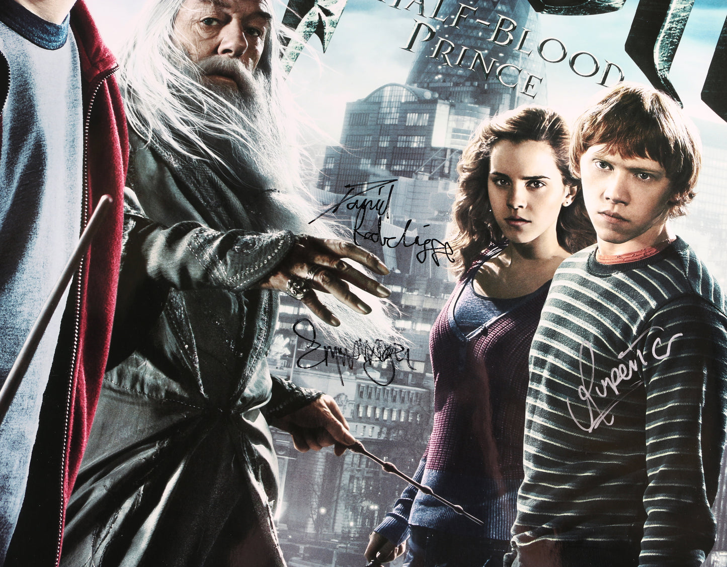 
                  
                    Daniel Radcliffe as Harry Potter, Emma Watson as Hermione Granger, & Rupert Grint as Ron Weasley in Harry Potter & the Half-Blood Prince Signed 27x40 Poster
                  
                