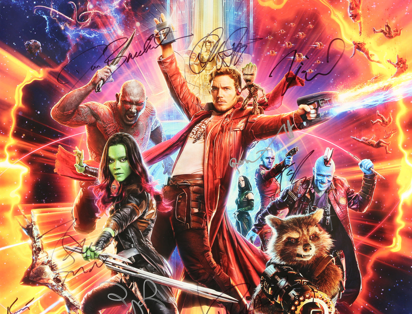 
                  
                    Guardians of the Galaxy Vol. 2 27x40 Poster Cast Signed by Chris Pratt, Kurt Russell, Vin Diesel, Zoe Saldaña, Dave Bautista, Sean Gunn, Karen Gillan, Michael Rooker, Pom Klementieff, Elizabeth Debicki, Producer: Kevin Feige, & Director: James Gunn
                  
                