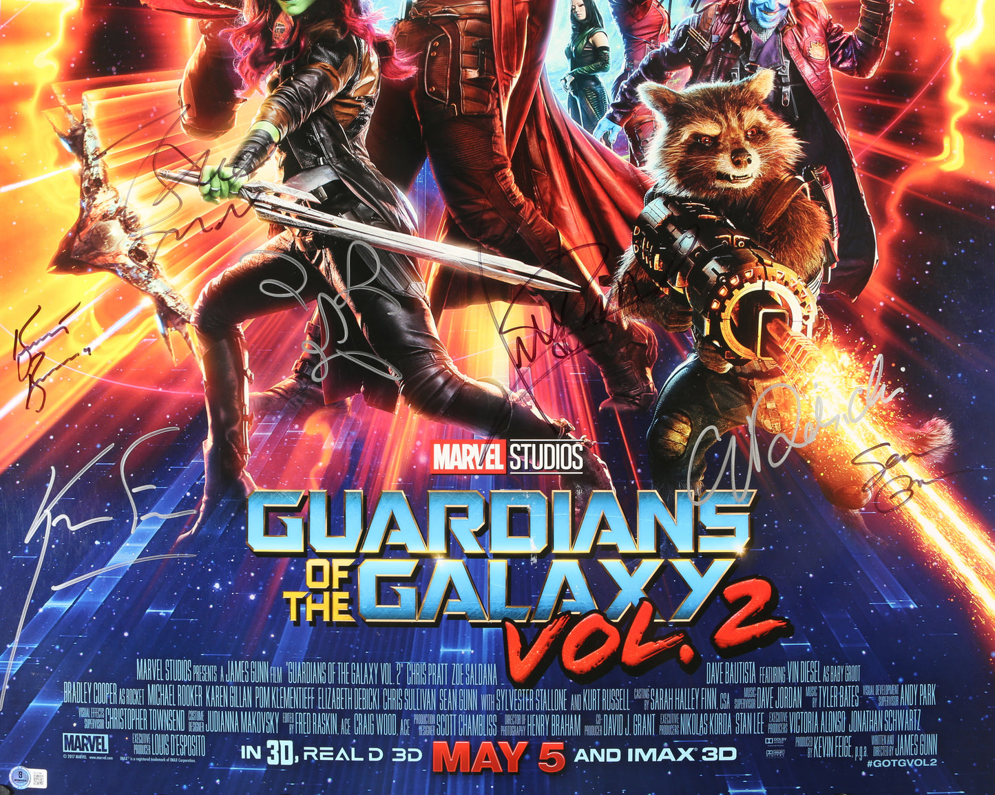 
                  
                    Guardians of the Galaxy Vol. 2 27x40 Poster Cast Signed by Chris Pratt, Kurt Russell, Vin Diesel, Zoe Saldaña, Dave Bautista, Sean Gunn, Karen Gillan, Michael Rooker, Pom Klementieff, Elizabeth Debicki, Producer: Kevin Feige, & Director: James Gunn
                  
                