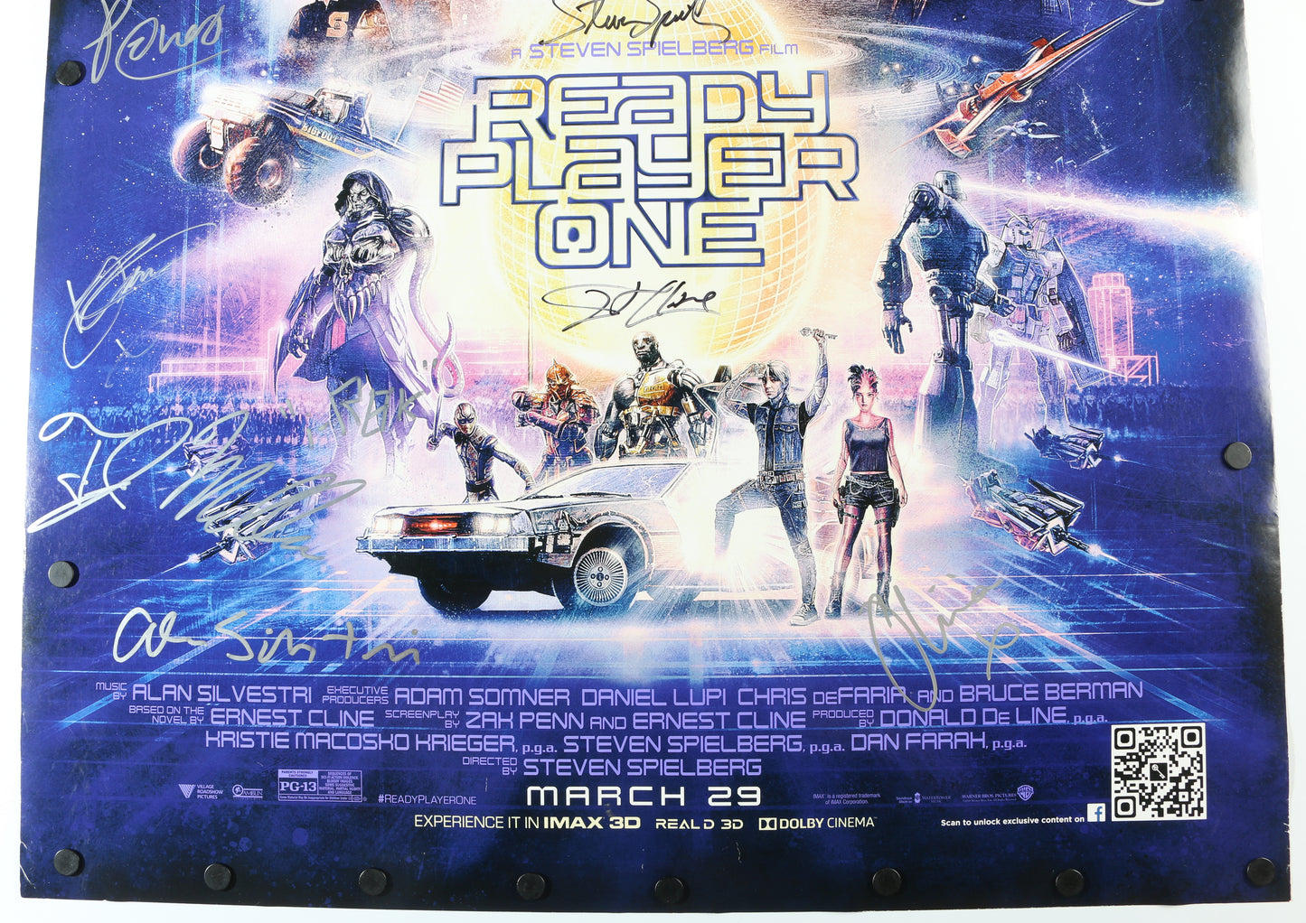 
                  
                    Ready Player One 27x40 Poster Cast Signed by Tye Sheridan, Olivia Cooke, Mark Rylance, Simon Pegg, Ben Mendelsohn, Lena Waithe, Win Morisaki, Philip Zhao, T.J. Miller, Author: Ernest Cline, Composer: Alan Silvestri, & Director: Steven Spielberg
                  
                