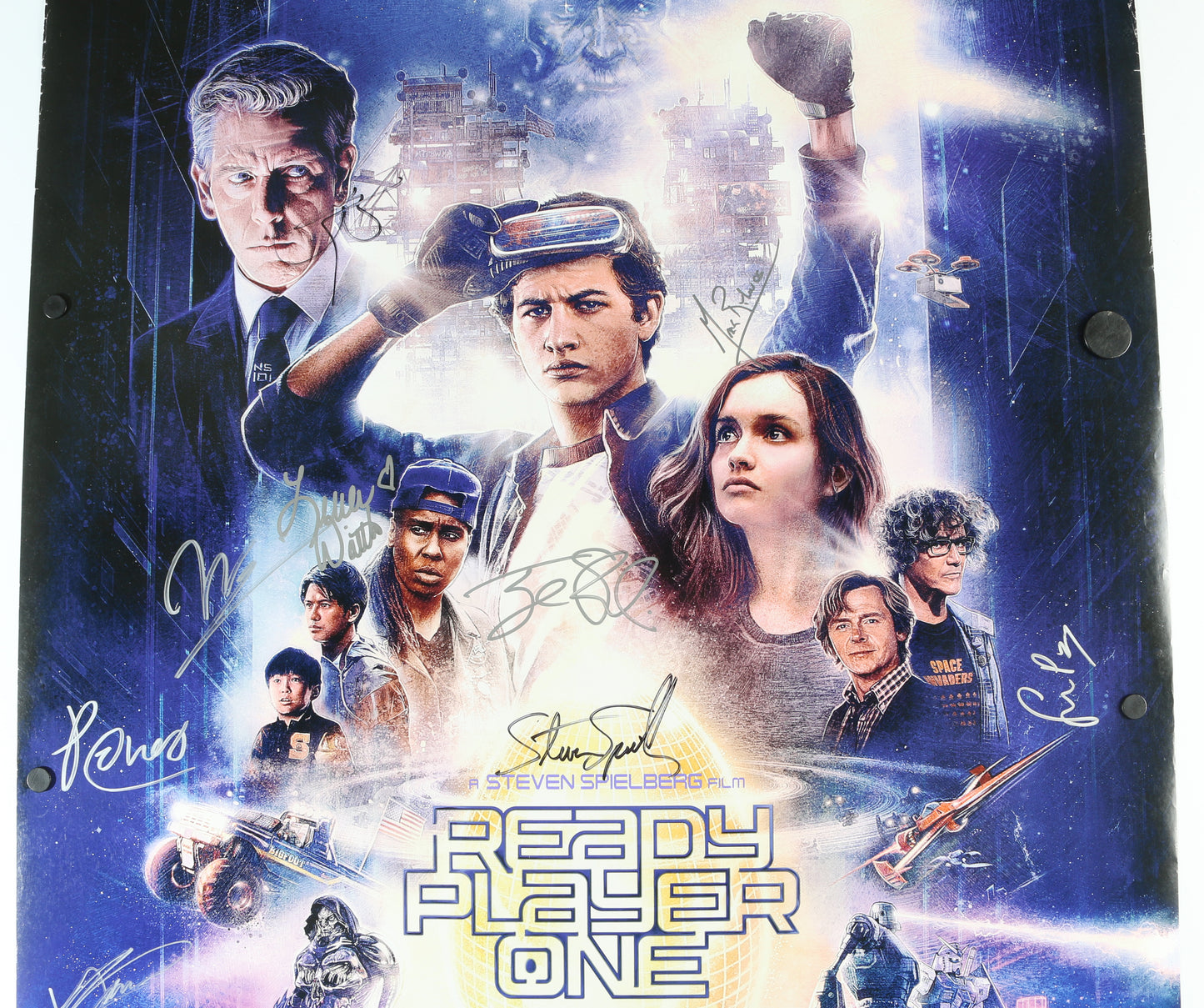 
                  
                    Ready Player One 27x40 Poster Cast Signed by Tye Sheridan, Olivia Cooke, Mark Rylance, Simon Pegg, Ben Mendelsohn, Lena Waithe, Win Morisaki, Philip Zhao, T.J. Miller, Author: Ernest Cline, Composer: Alan Silvestri, & Director: Steven Spielberg
                  
                