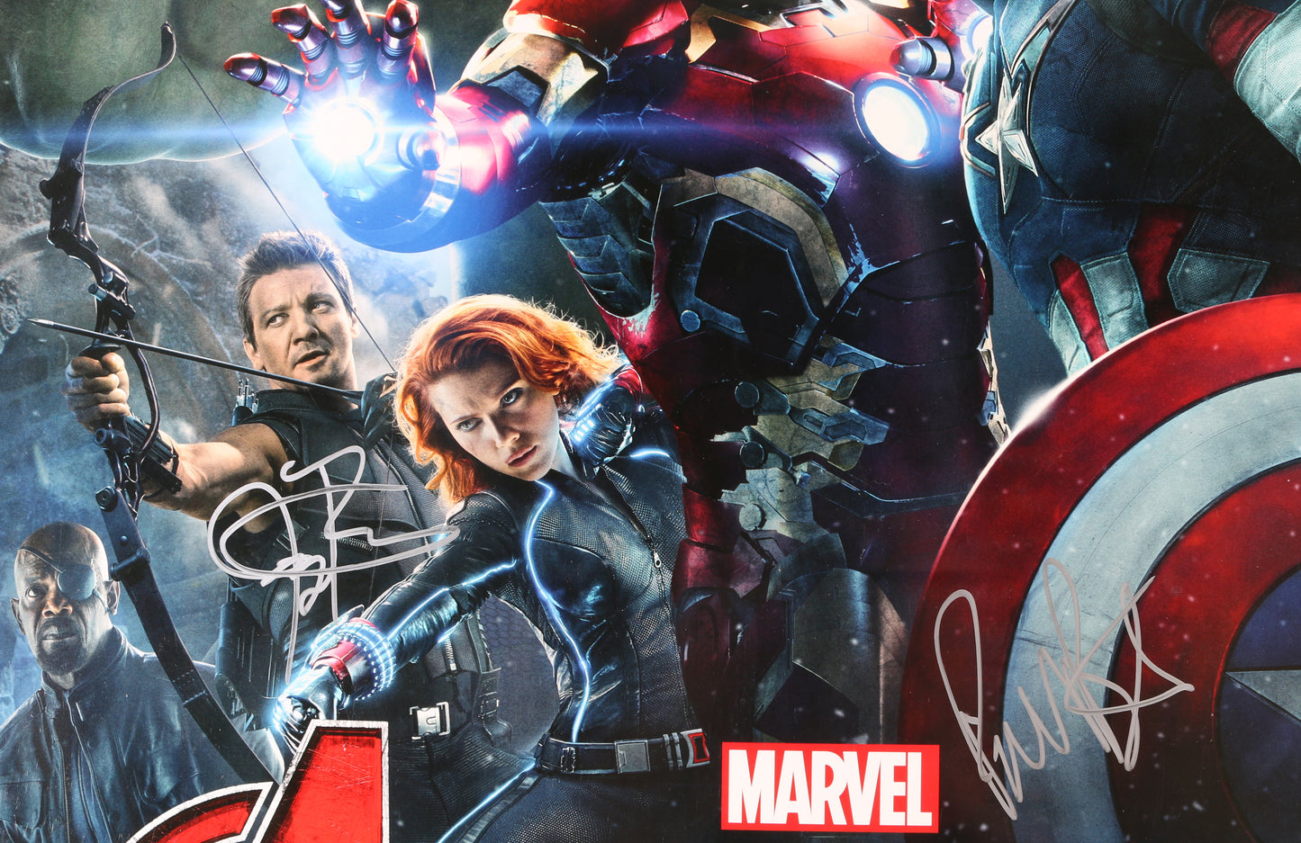 
                  
                    Avengers: Age of Ultron 27x40 Poster (Beckett) Cast Signed by Chris Hemsworth, Jeremy Renner, Aaron Taylor-Johnson, & Paul Bettany
                  
                
