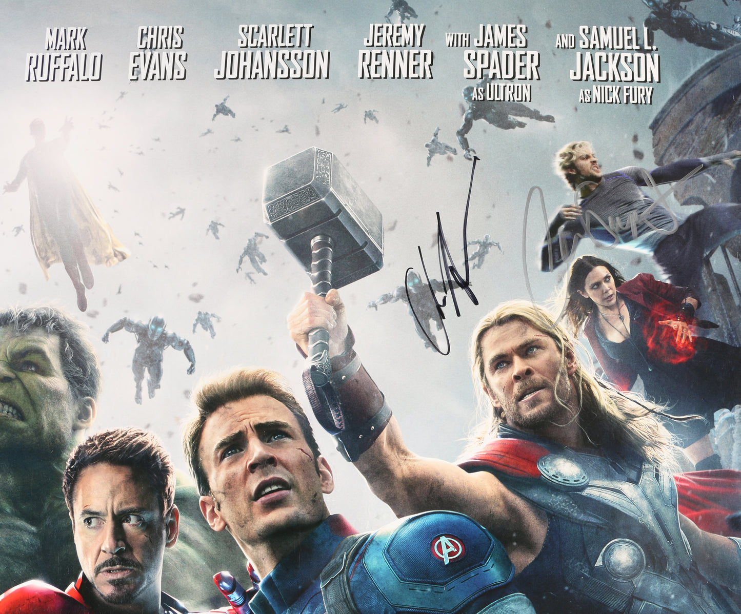 
                  
                    Avengers: Age of Ultron 27x40 Poster (Beckett) Cast Signed by Chris Hemsworth, Jeremy Renner, Aaron Taylor-Johnson, & Paul Bettany
                  
                