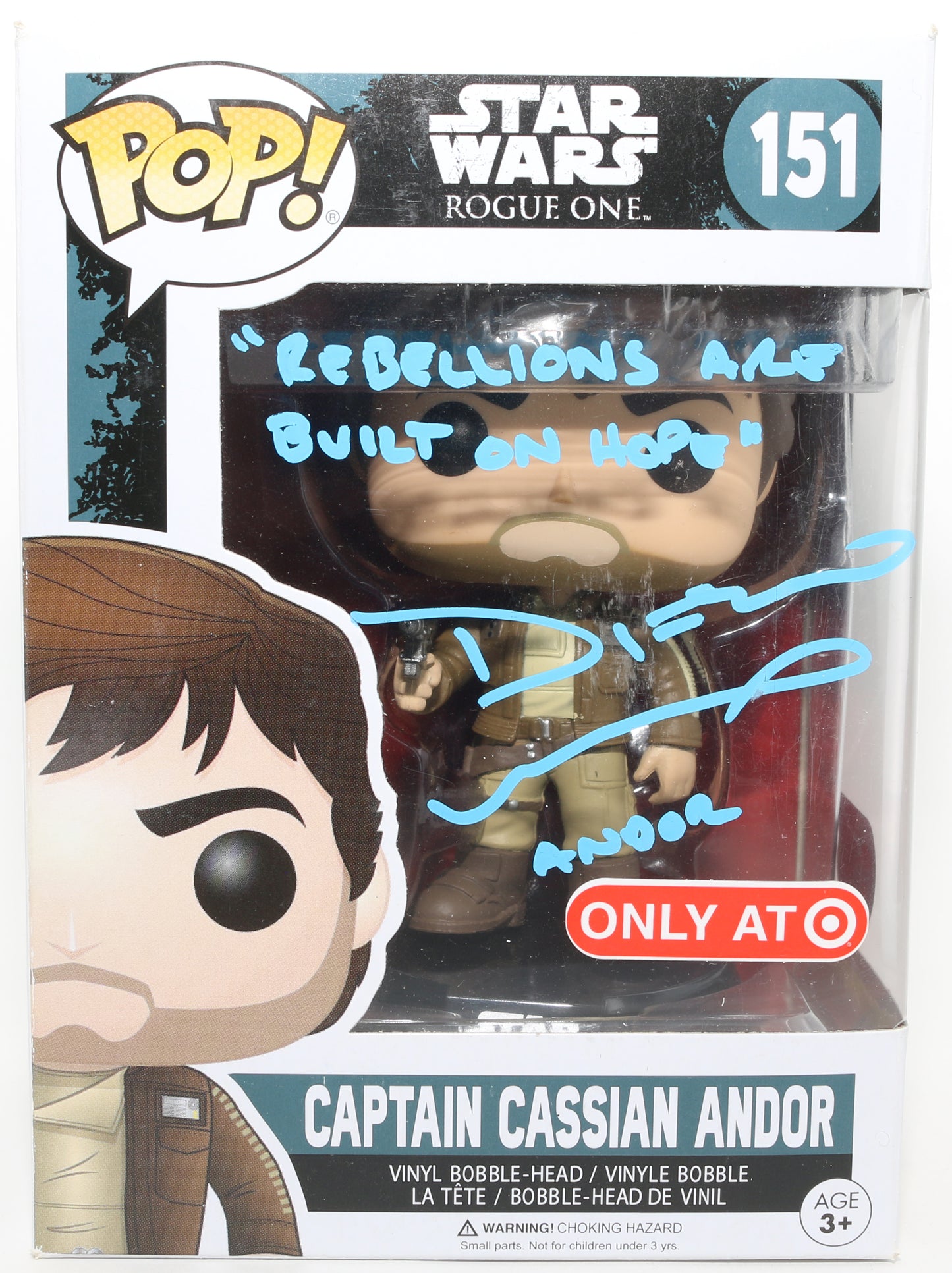 
                  
                    Diego Luna as Captain Cassian Andor in Rogue One: A Star Wars Story Target Exclusive (Beckett) Signed Funko POP! #151 with Character Name & Quote
                  
                