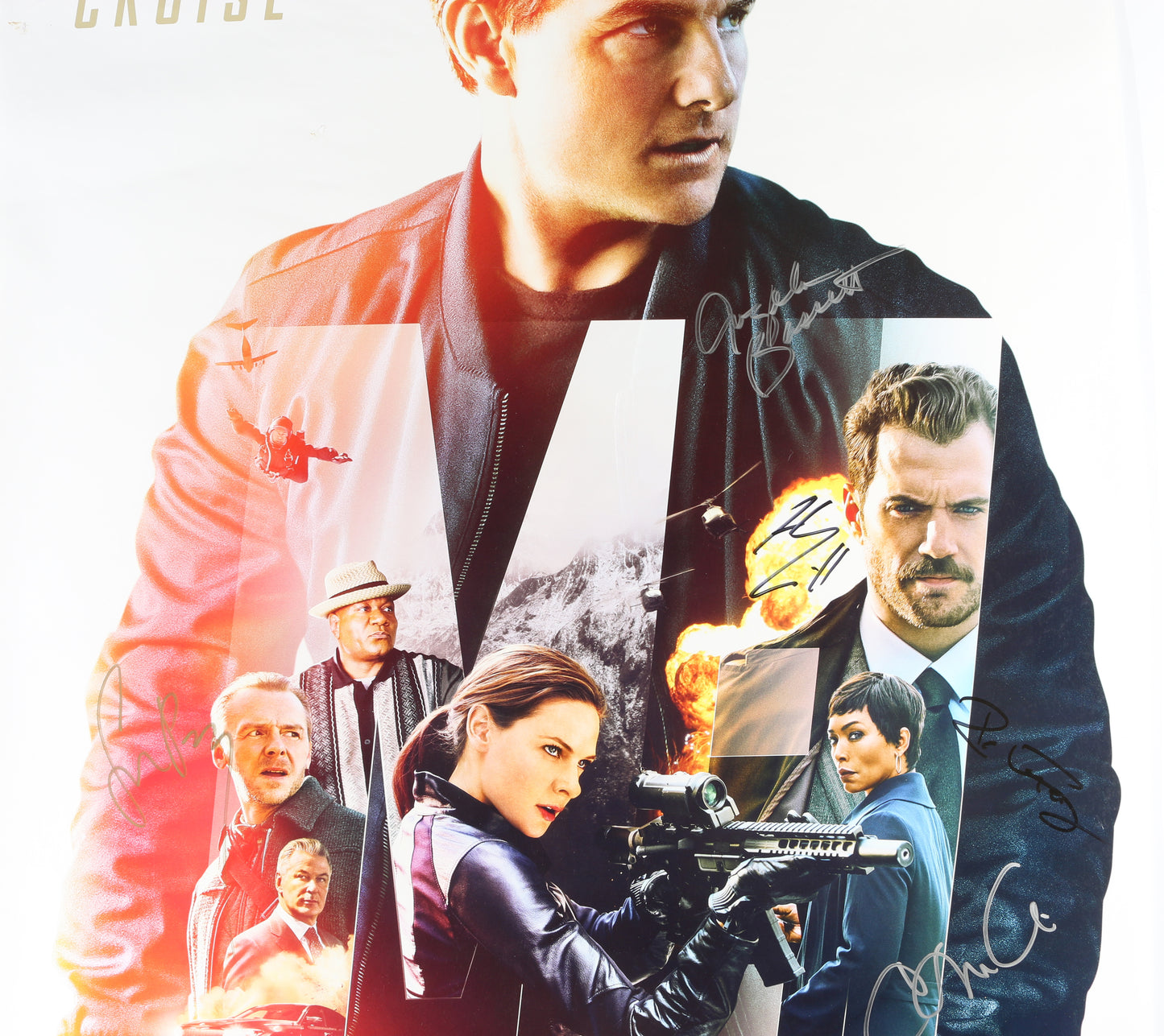
                  
                    Mission: Impossible - Fallout 27x40 Poster (Beckett) Cast Signed by Henry Cavill, Simon Pegg, Rebecca Ferguson, Angela Bassett, Vanessa Kirby, & Director: Christopher McQuarrie
                  
                