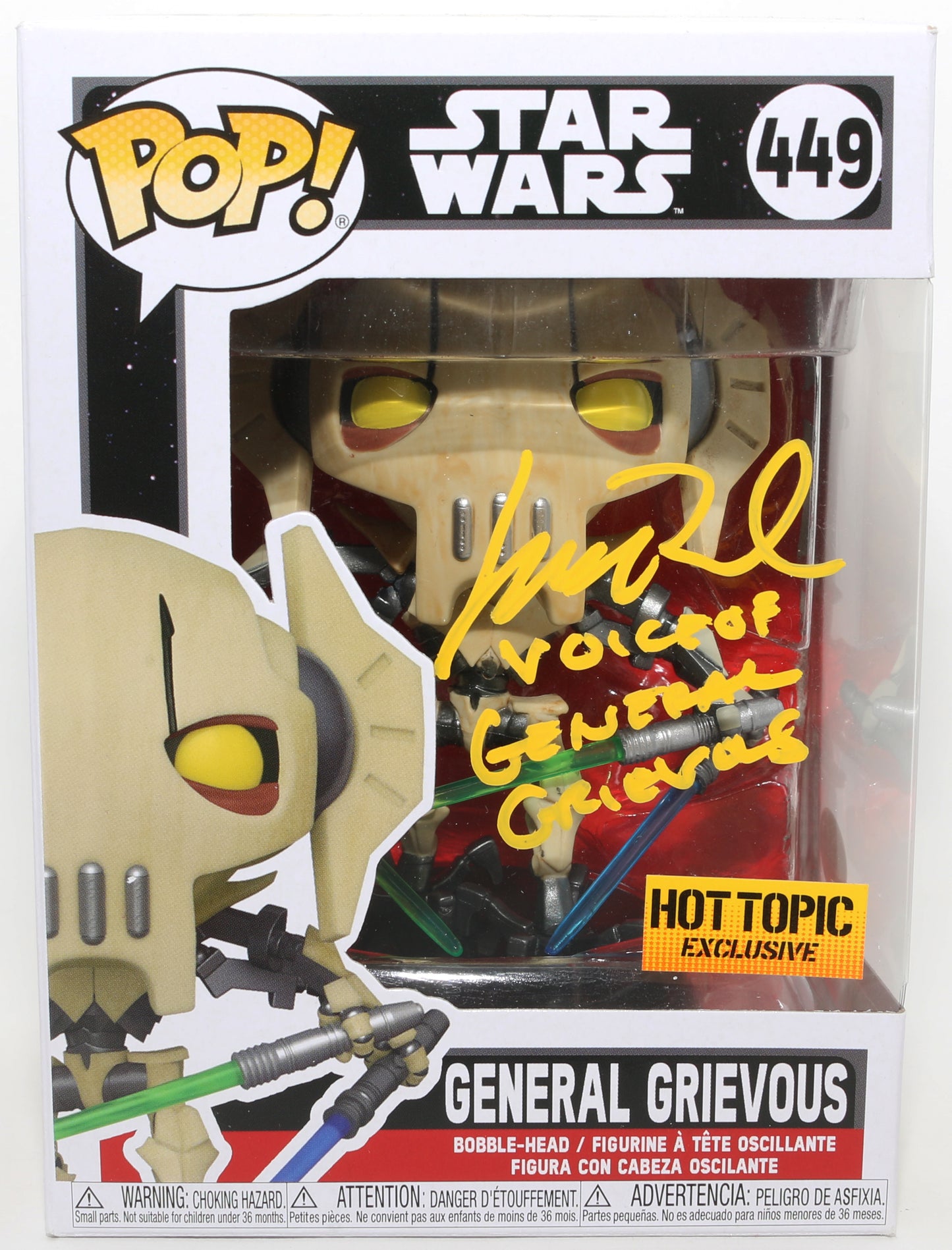 
                  
                    Matthew Wood as General Grievous in Star Wars Episode III: Revenge of the Sith Hot Topic Exclusive (JSA) Signed Funko POP!  #449 with Character Name
                  
                