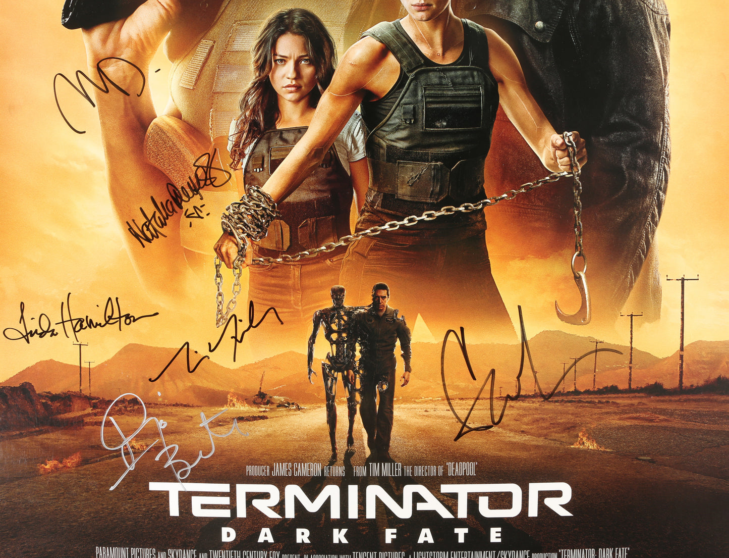 
                  
                    Terminator: Dark Fate 27x40 Poster (Beckett) Cast Signed by Linda Hamilton, Mackenzie Davis, Natalia Reyes, Gabriel Luna, Diego Boneta, & Director: Tim Miller
                  
                