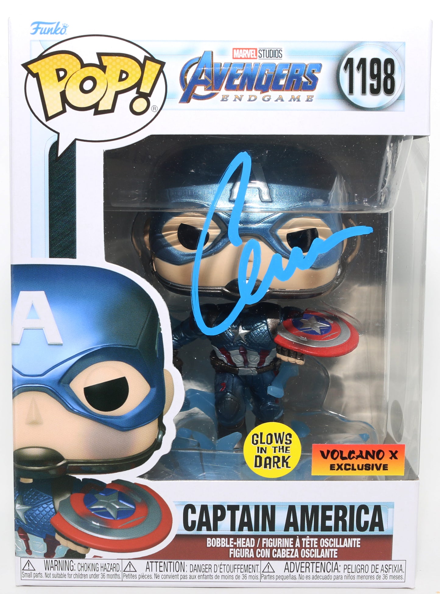 
                  
                    Chris Evans as Captain America in Avengers: Endgame GITD Volcano X Exclusive (JSA) Signed Funko POP! #1198
                  
                