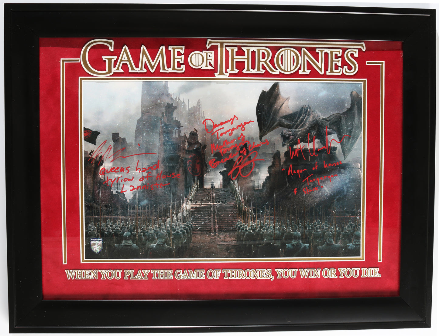 
                  
                    Game of Thrones (Official Pix) Framed 11x17 Photo Cast Signed by Emilia Clarke, Peter Dinklage, & Kit Harington with Character Names & Quotes
                  
                