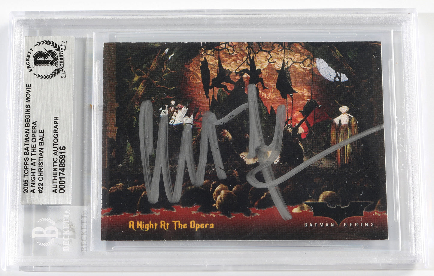 
                  
                    Christian Bale as Batman in Batman Begins (Beckett Slabbed) Signed Topps A Night At The Opera #22 Trading Card
                  
                
