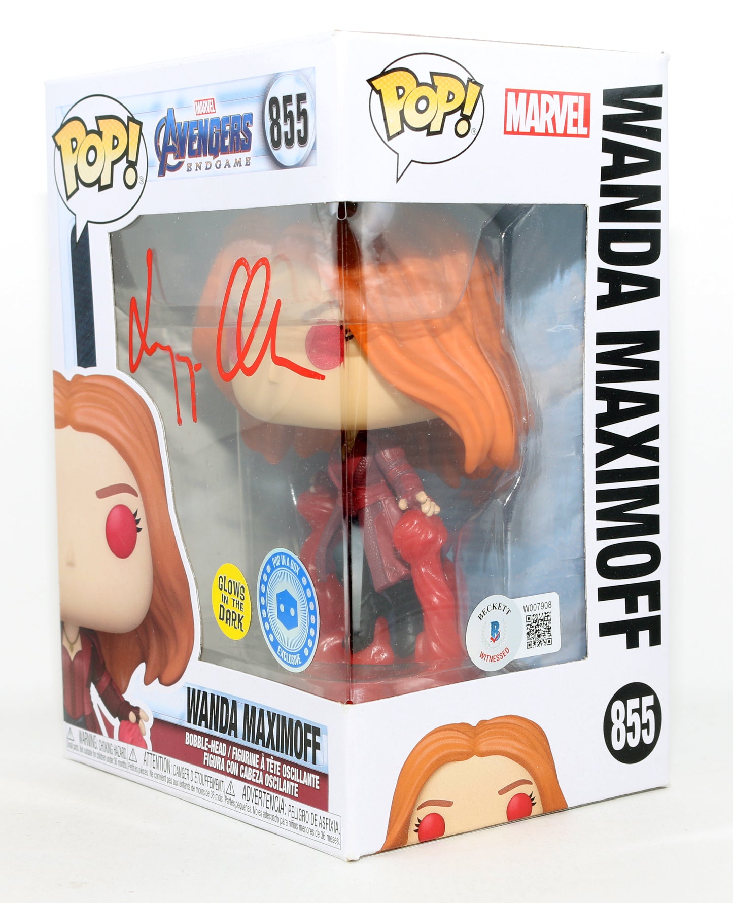 
                  
                    Elizabeth Olsen as Wanda Maximoff in Avengers: Endgame GITD Pop In A Box Exclusive (Beckett) Signed Funko POP! #855
                  
                