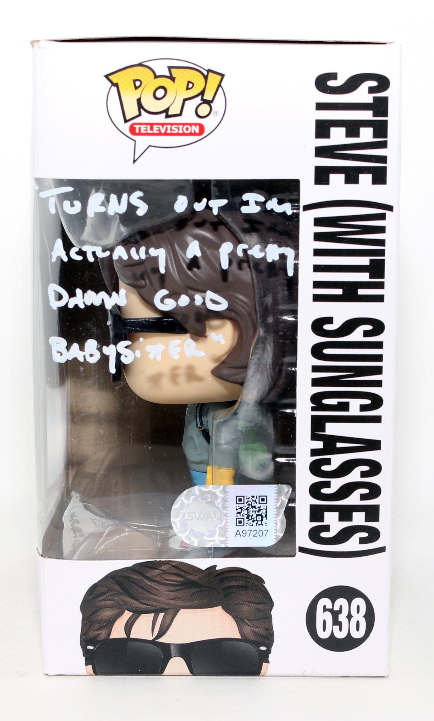 
                  
                    Joe Keery as Steve Harrington in Stranger Things (SWAU) Signed Funko POP! #638 with Character Name & Quote
                  
                