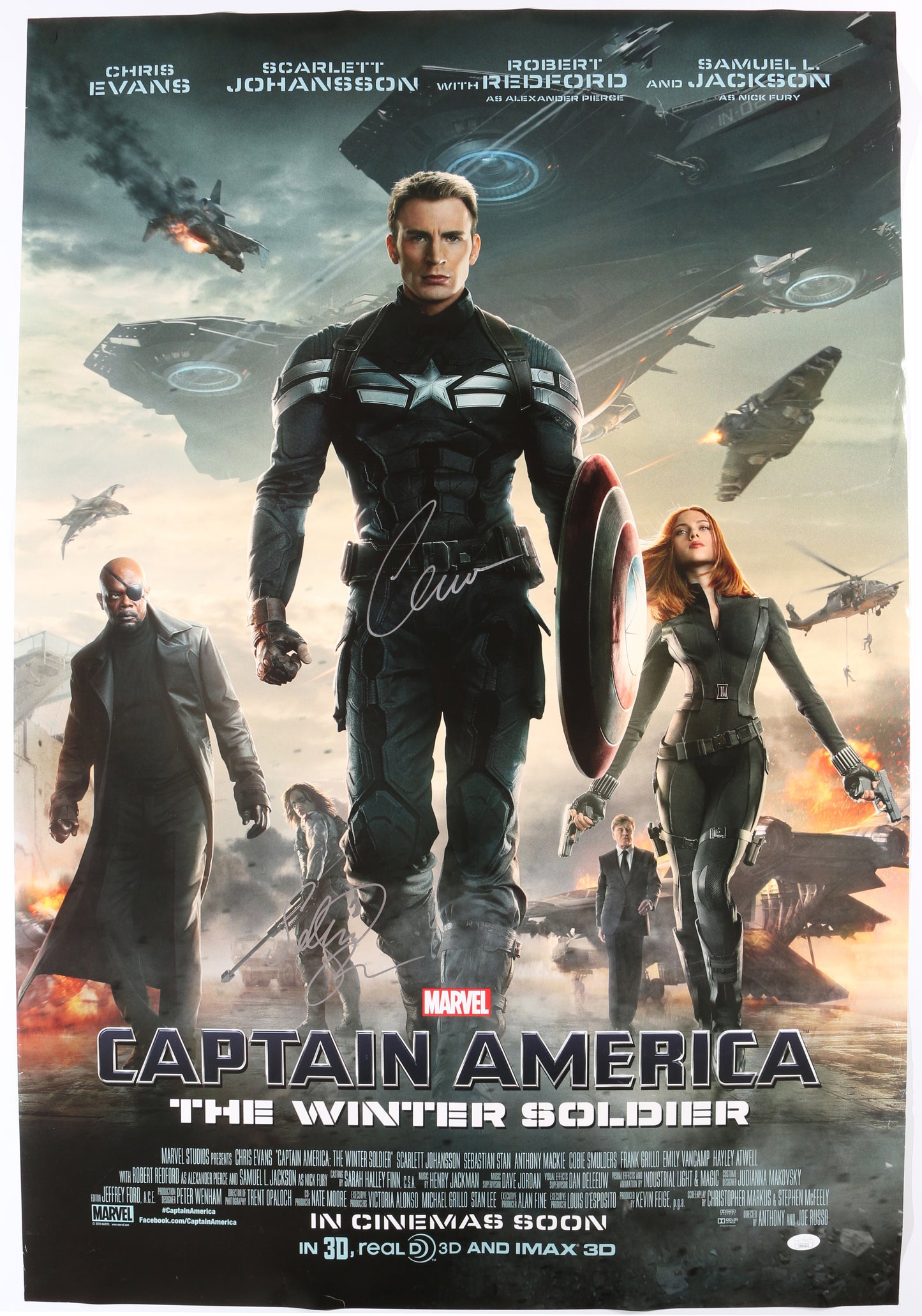 
                  
                    Chris Evans as Steve Rogers / Captain America & Sebastian Stan as Bucky Barnes / Winter Soldier in Captain America: The Winter Soldier (JSA) Signed 27x40 Poster
                  
                