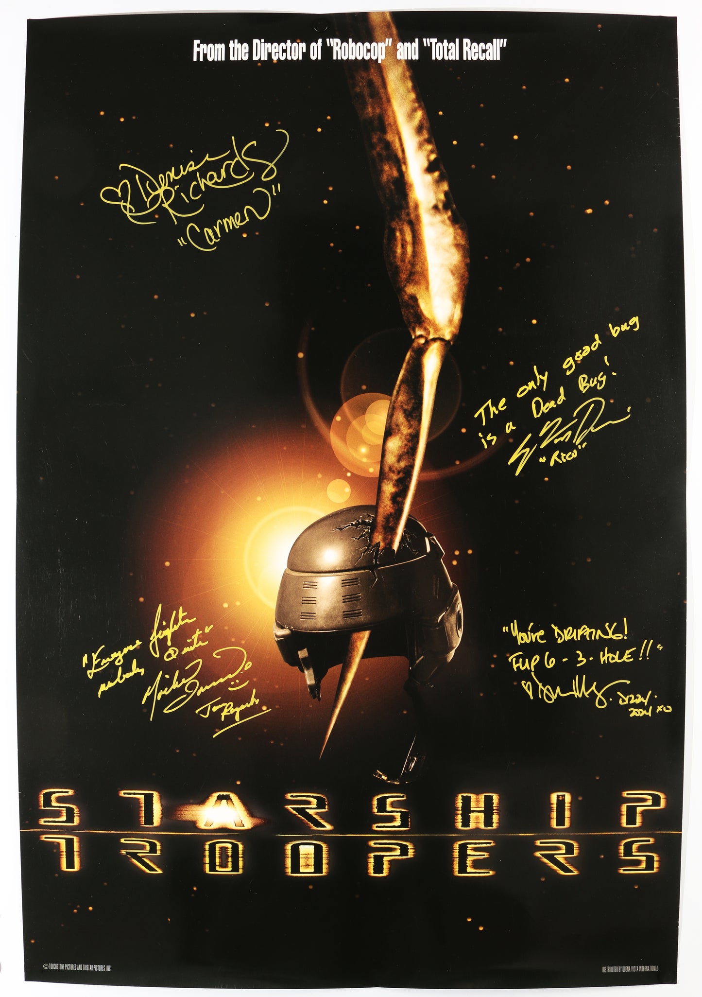 
                  
                    Starship Troopers 27x40 Poster (SWAU) Cast Signed by Casper Van Dien, Dina Meyer, Denise Richards, & Michael Ironside with Character Names & Quotes
                  
                