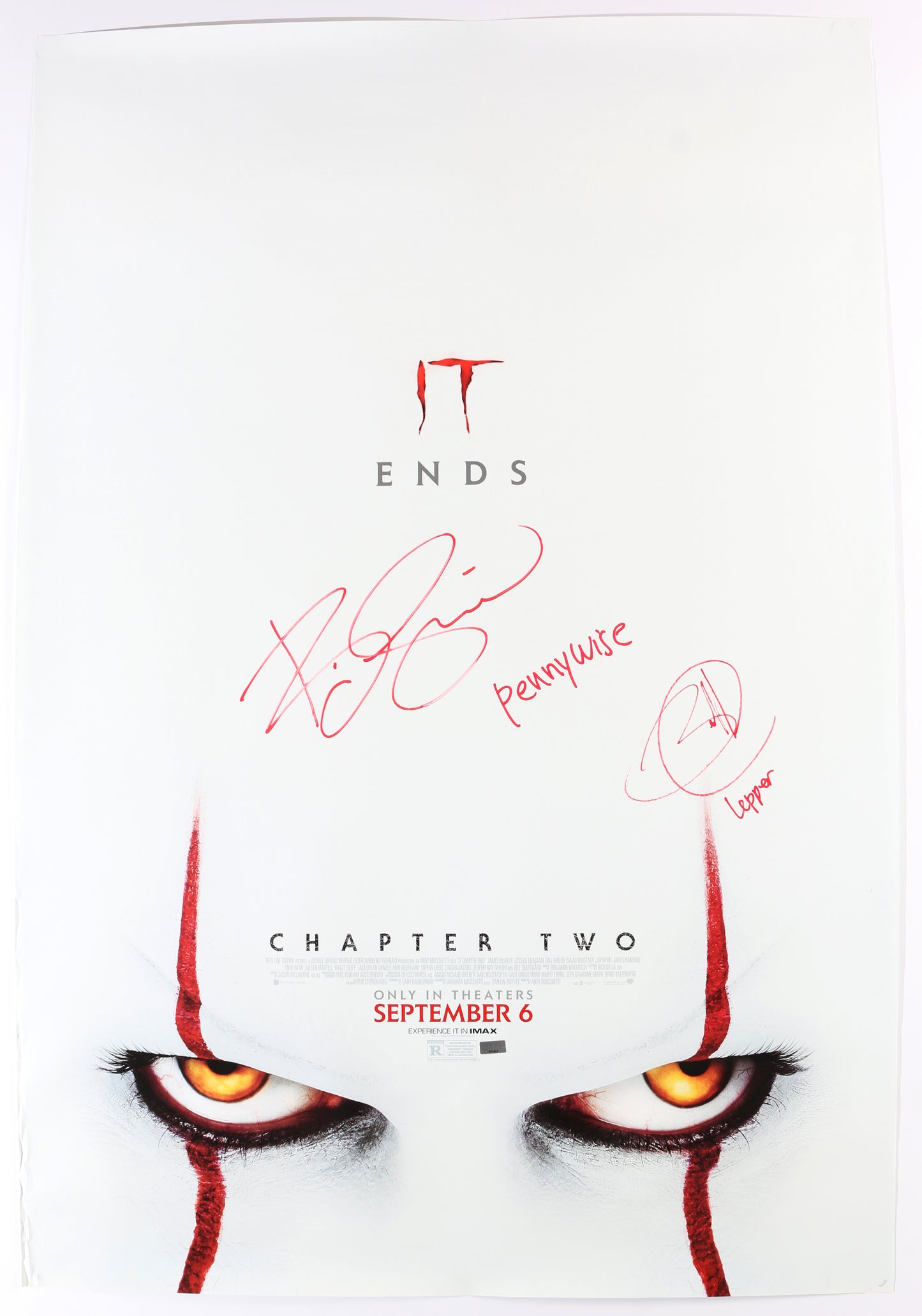 
                  
                    Bill Skarsgård as Pennywise the Dancing Clown & Javier Botet as Leper in It Chapter Two (Beckett Witnessed / Celebrity Authentics) Signed 27x40 Poster with Character Names
                  
                