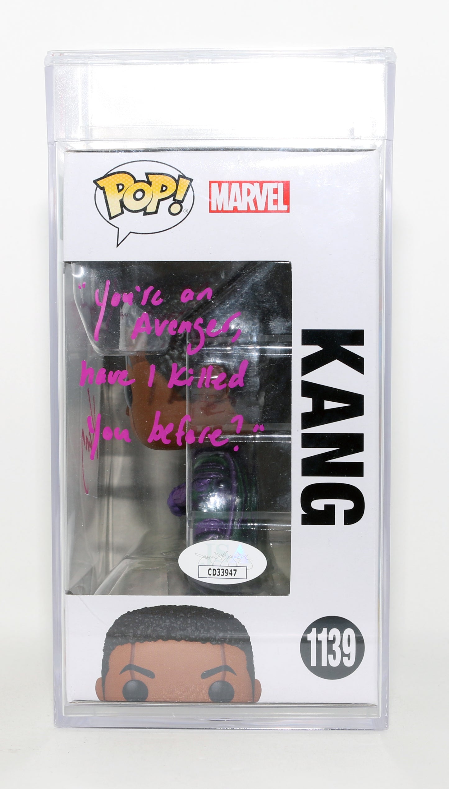 
                  
                    Jonathan Majors as Kang the Conqueror in Ant-Man & The Wasp: Quantumania (JSA / PSA Encapsulated) Signed Funko POP! #1139 with Character Name & Quote
                  
                