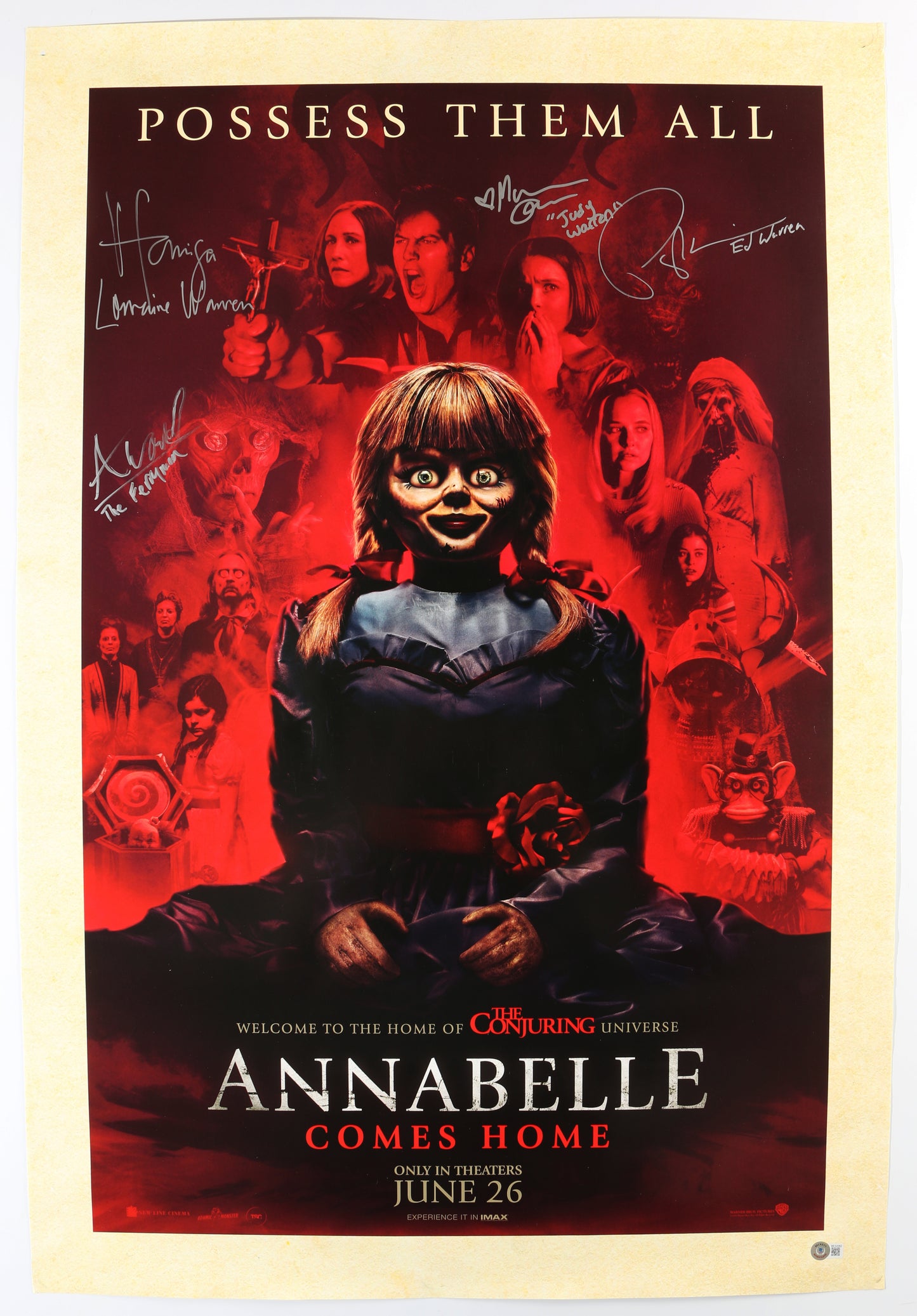 
                  
                    Annabelle Comes Home 27x40 Poster Cast Signed by Patrick Wilson, Vera Farmiga, McKenna Grace, & Alexander Ward
                  
                