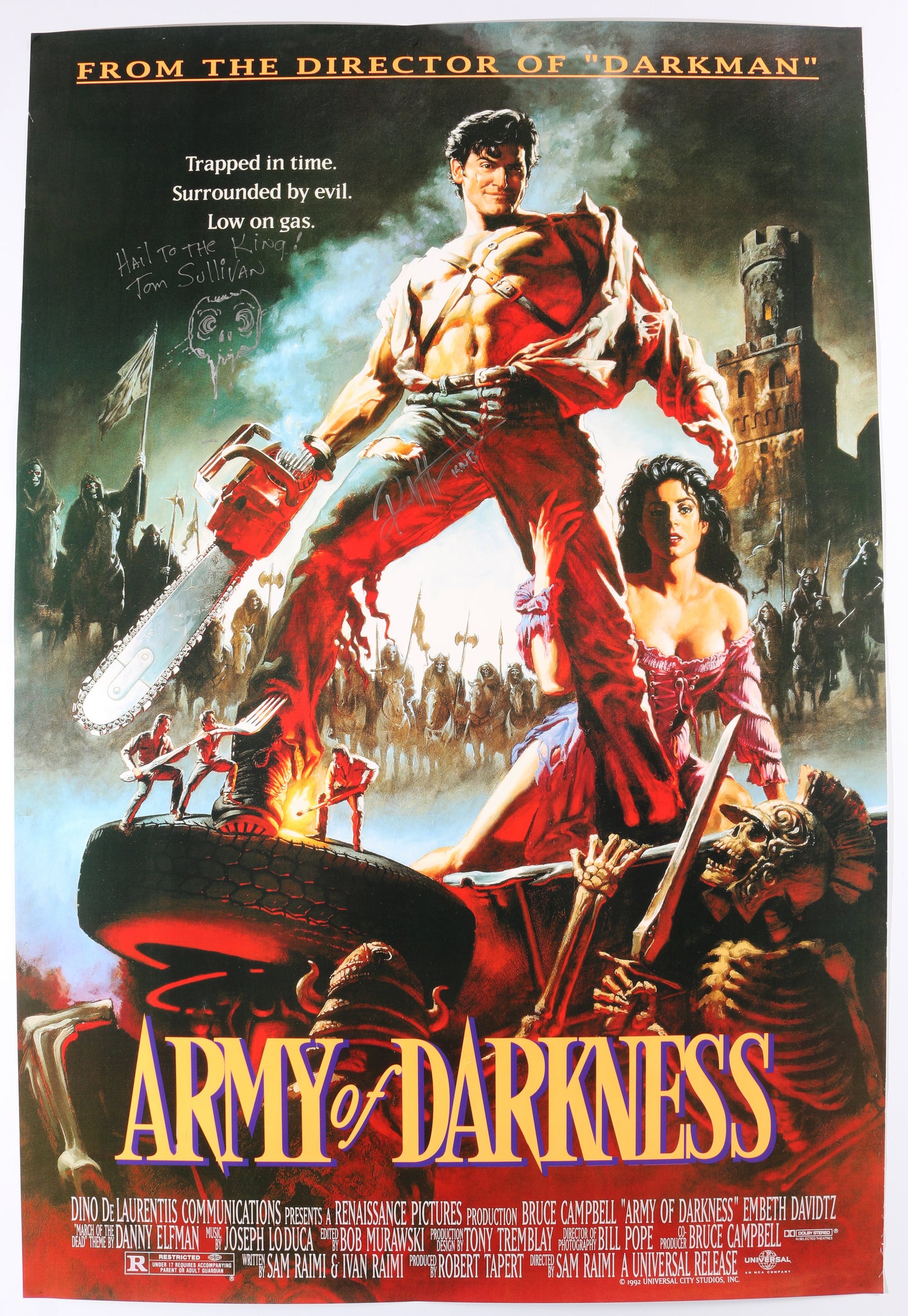 
                  
                    Army of Darkness 26.5x39.5 Poster Signed by Visual Effects Artists Tom Sullivan & Robert Kurtzman
                  
                