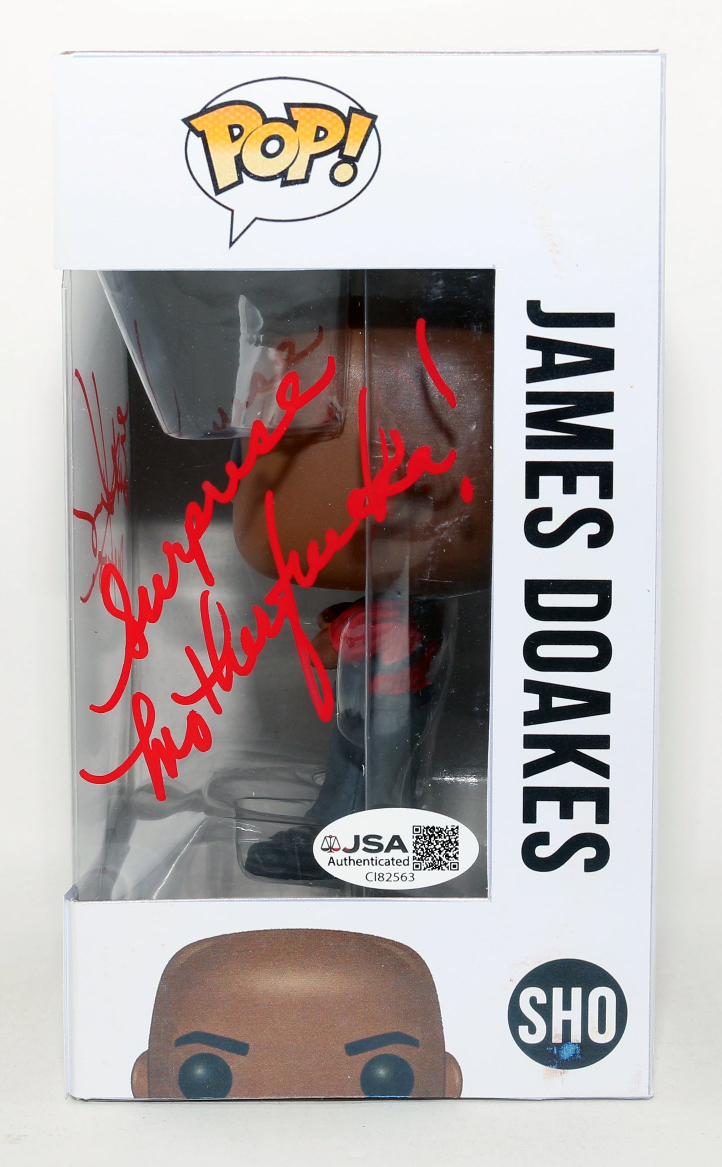 
                  
                    Erik King as Detective James Doakes in Dexter (JSA) Signed Spastic Customs Funko POP! #SHO with Character Name and Quote
                  
                