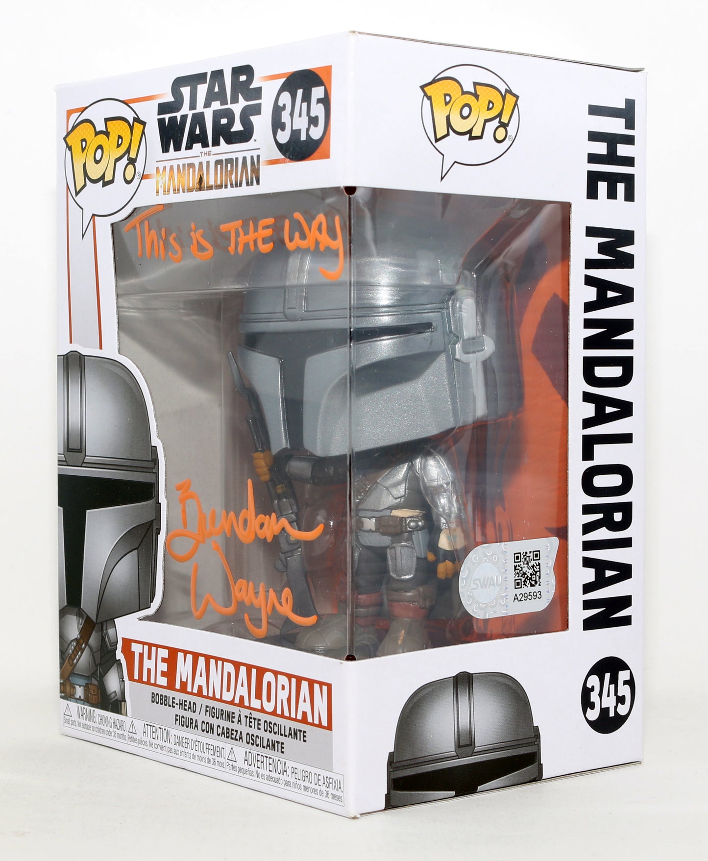 
                  
                    Brendan Wayne as The Mandalorian in Star Wars: The Mandalorian (SWAU) Signed Funko POP! #345 with Quote
                  
                