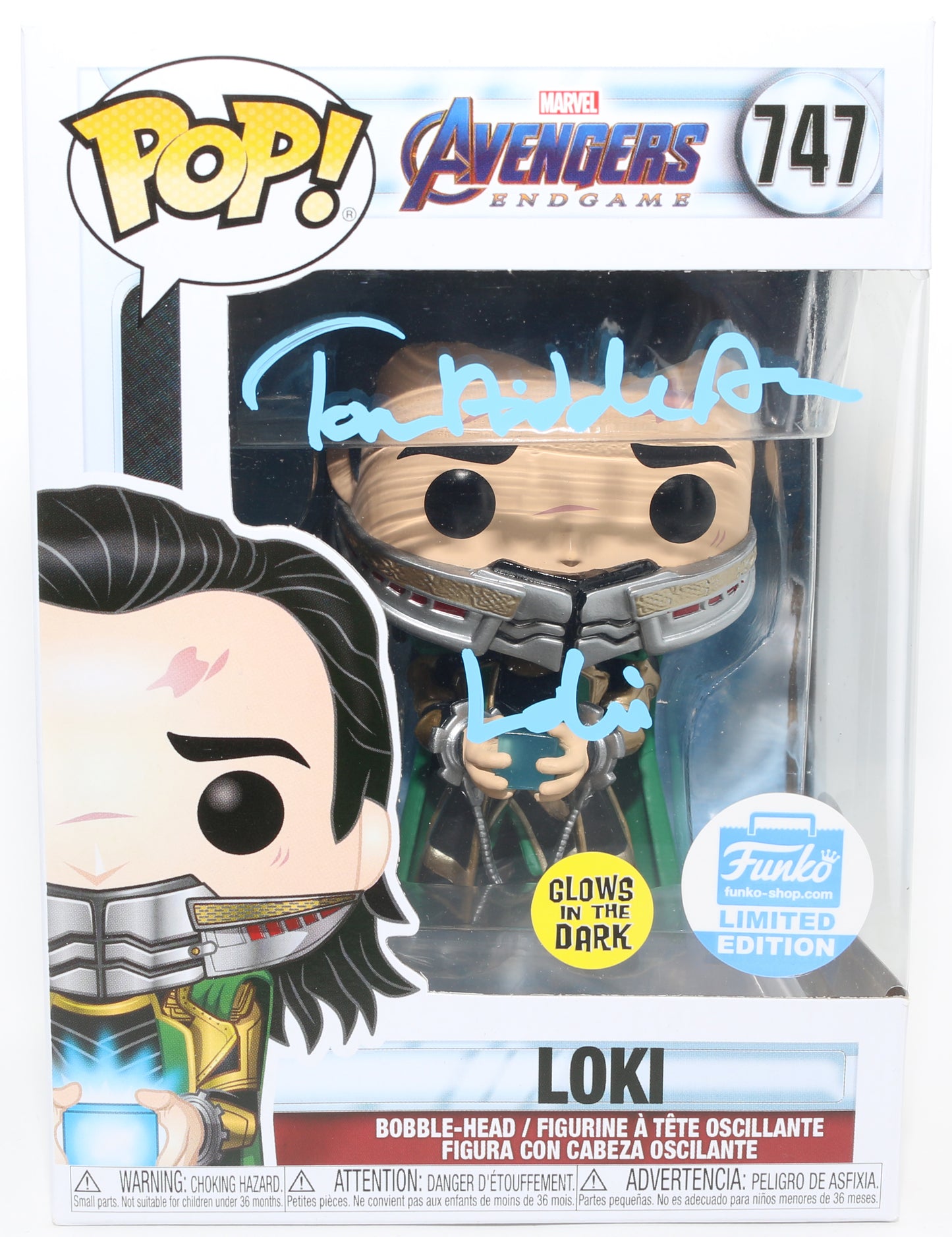 
                  
                    Tom Hiddleston as Loki in Avengers: Endgame GITD Funko Store Limited Edition (JSA) Signed Funko POP! #747 with Character Name
                  
                