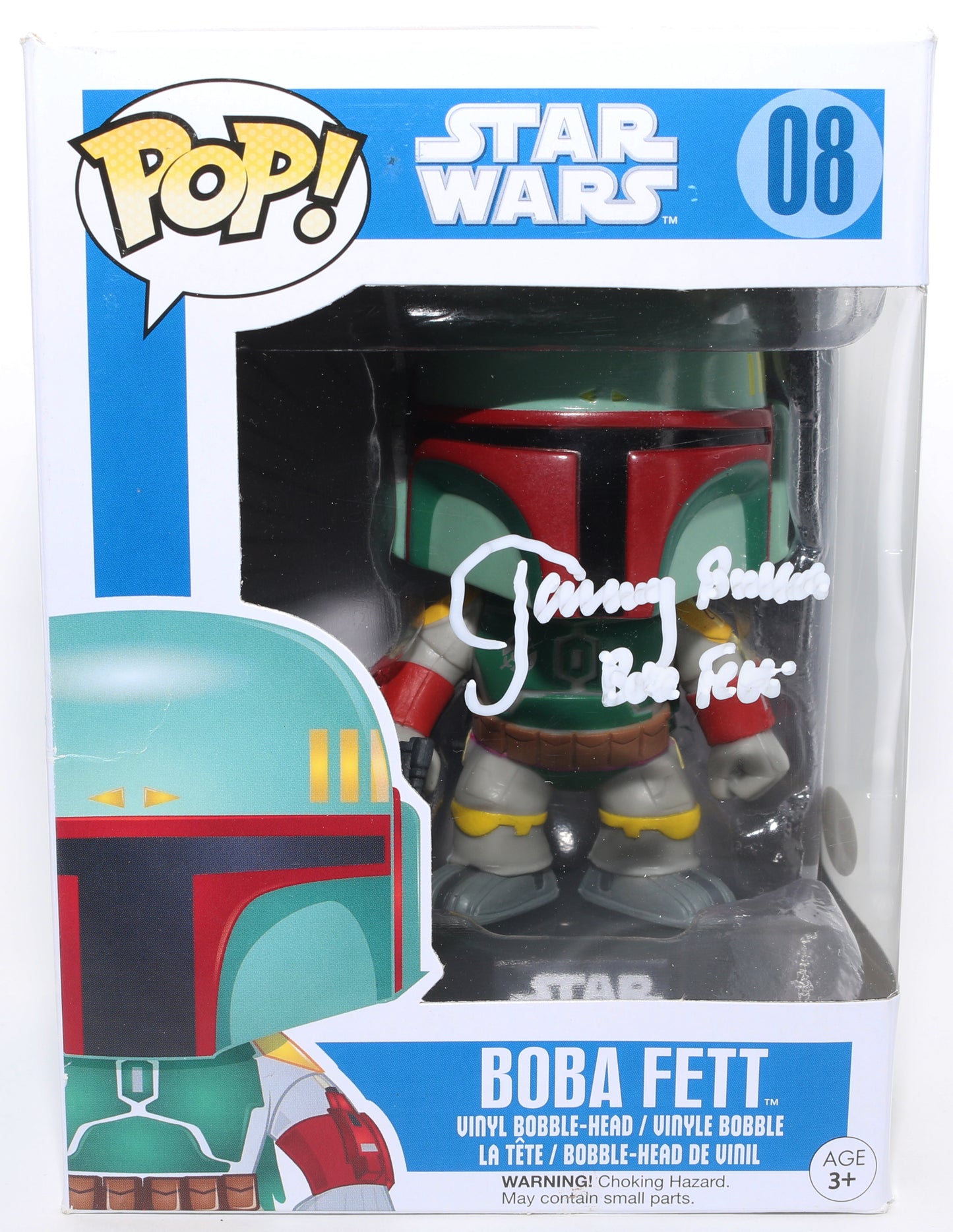 
                  
                    Jeremy Bulloch as Boba Fett in Star Wars: The Empire Strikes Back (JSA) Signed Funko POP! #08 with Character Name
                  
                