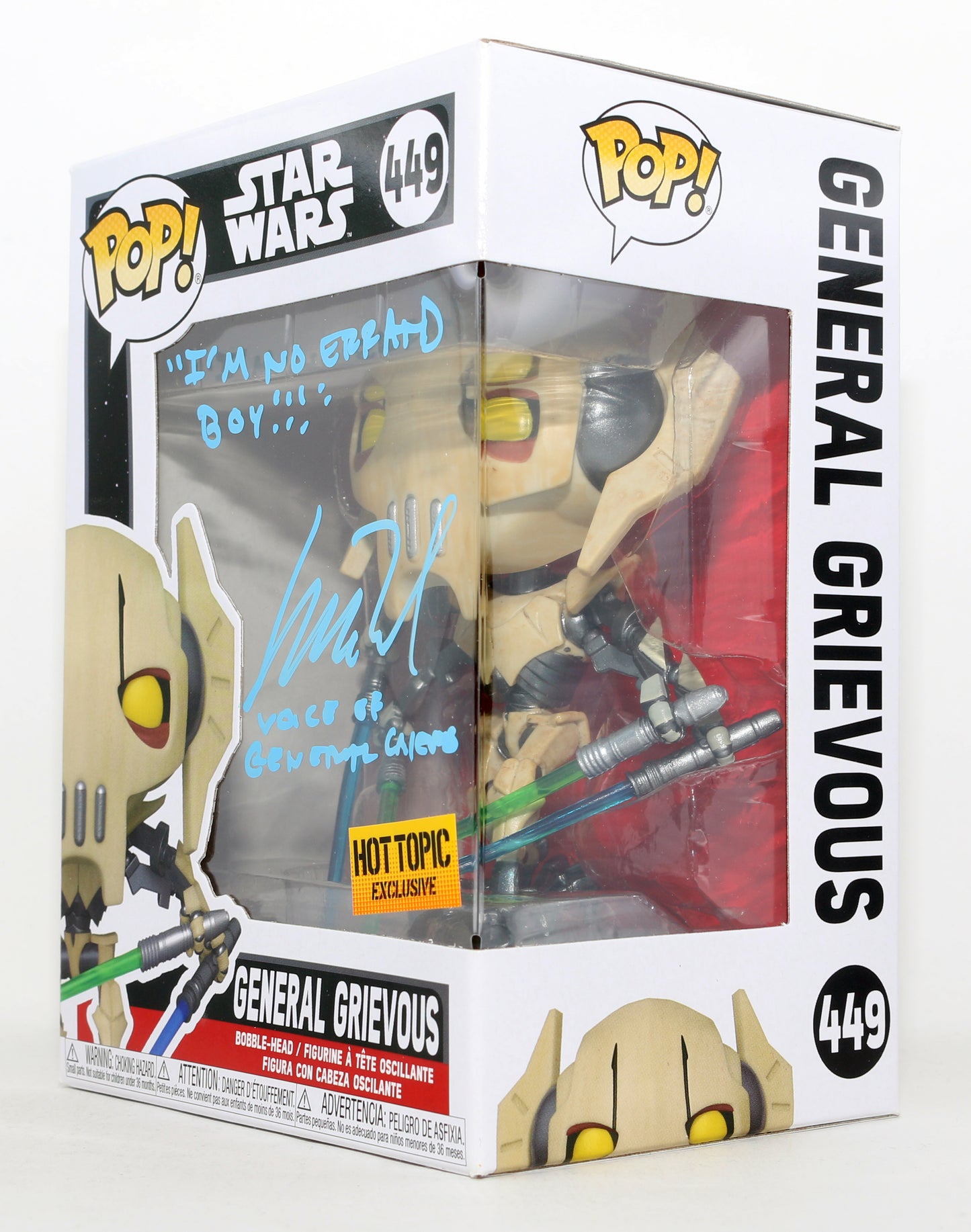 
                  
                    Matthew Wood as General Grievous in Star Wars Episode III: Revenge of the Sith Hot Topic Exclusive Signed Funko POP! #449 with Character Name & Quote
                  
                