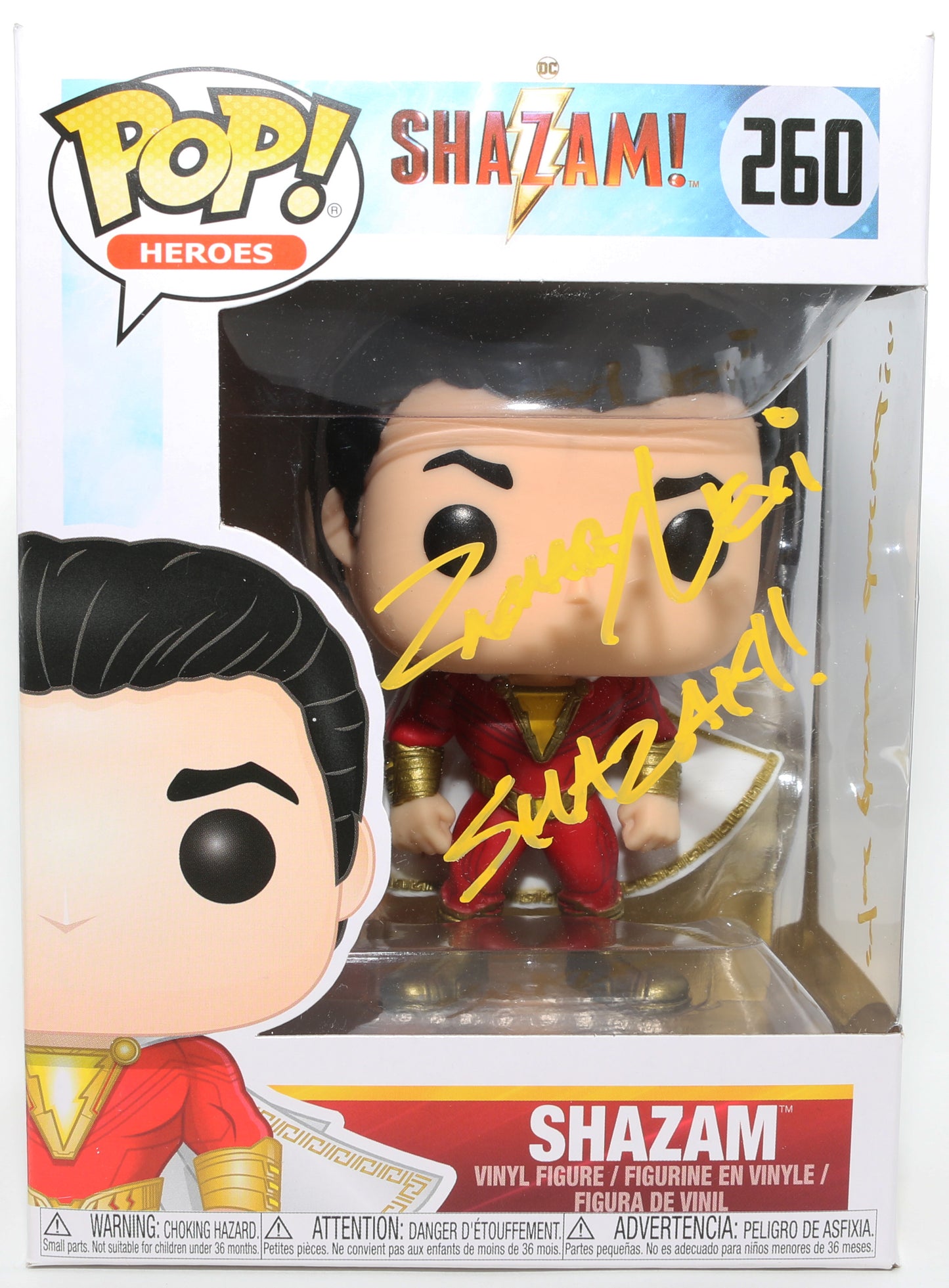 
                  
                    Zachary Levi as Shazam in Shazam! Signed Funko POP! #260 with Character Name & Quote
                  
                