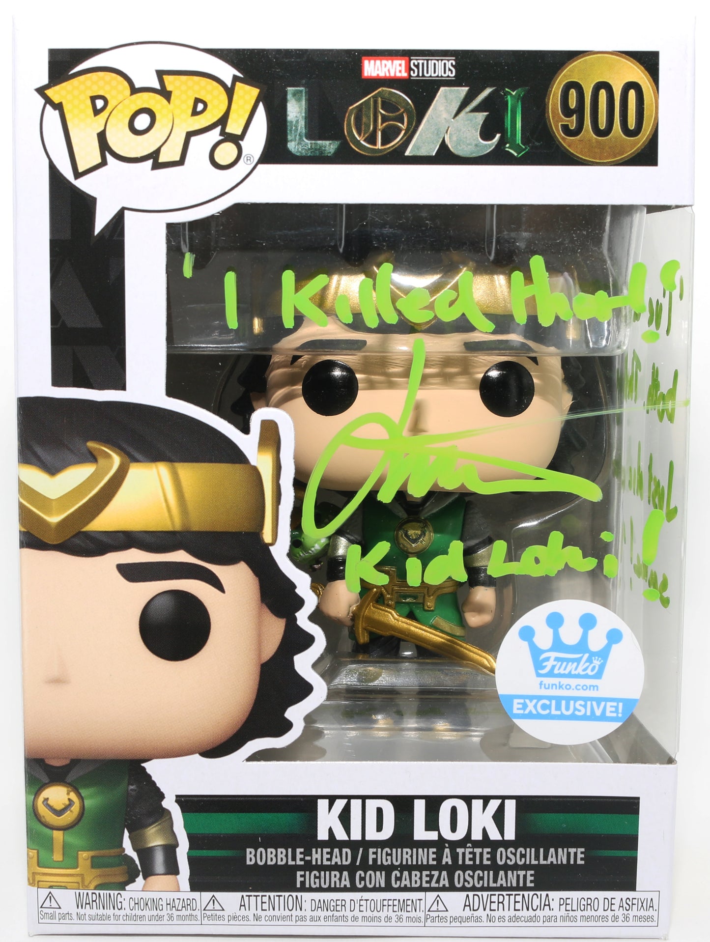
                  
                    Jack Veal as Kid Loki in Loki Funko Store Exclusive Signed Funko POP! #900 with Character Name & Quote
                  
                