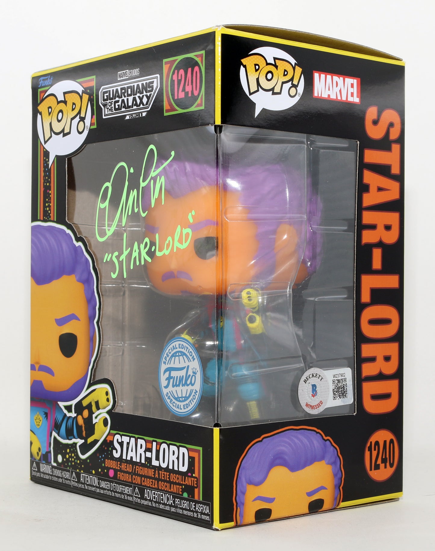 
                  
                    Chris Pratt as Star-Lord in Guardians of the Galaxy Vol. 3 Blacklight Special Edition (Beckett) Signed Funko POP! #1240 with Character Name
                  
                