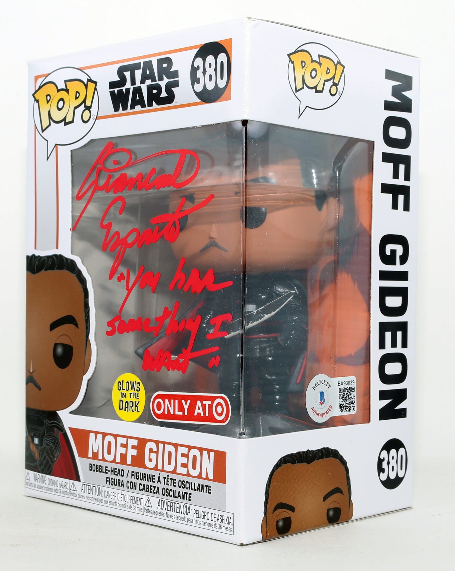 
                  
                    Giancarlo Esposito as Moff Gideon in Star Wars: The Mandalorian GITD Target Exclusive (Beckett) Signed Funko POP! #380 with Quote
                  
                