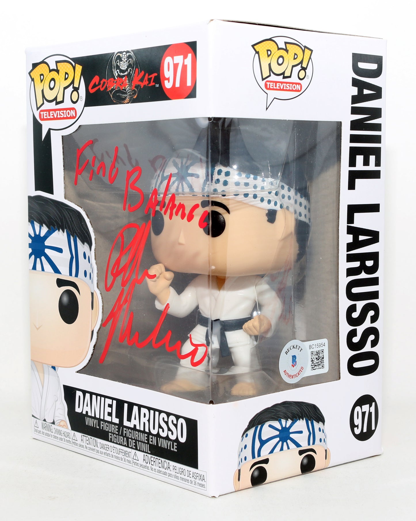 
                  
                    Ralph Macchio as Daniel LaRusso in Cobra Kai (Beckett) Signed Funko POP! #971 with Quote
                  
                