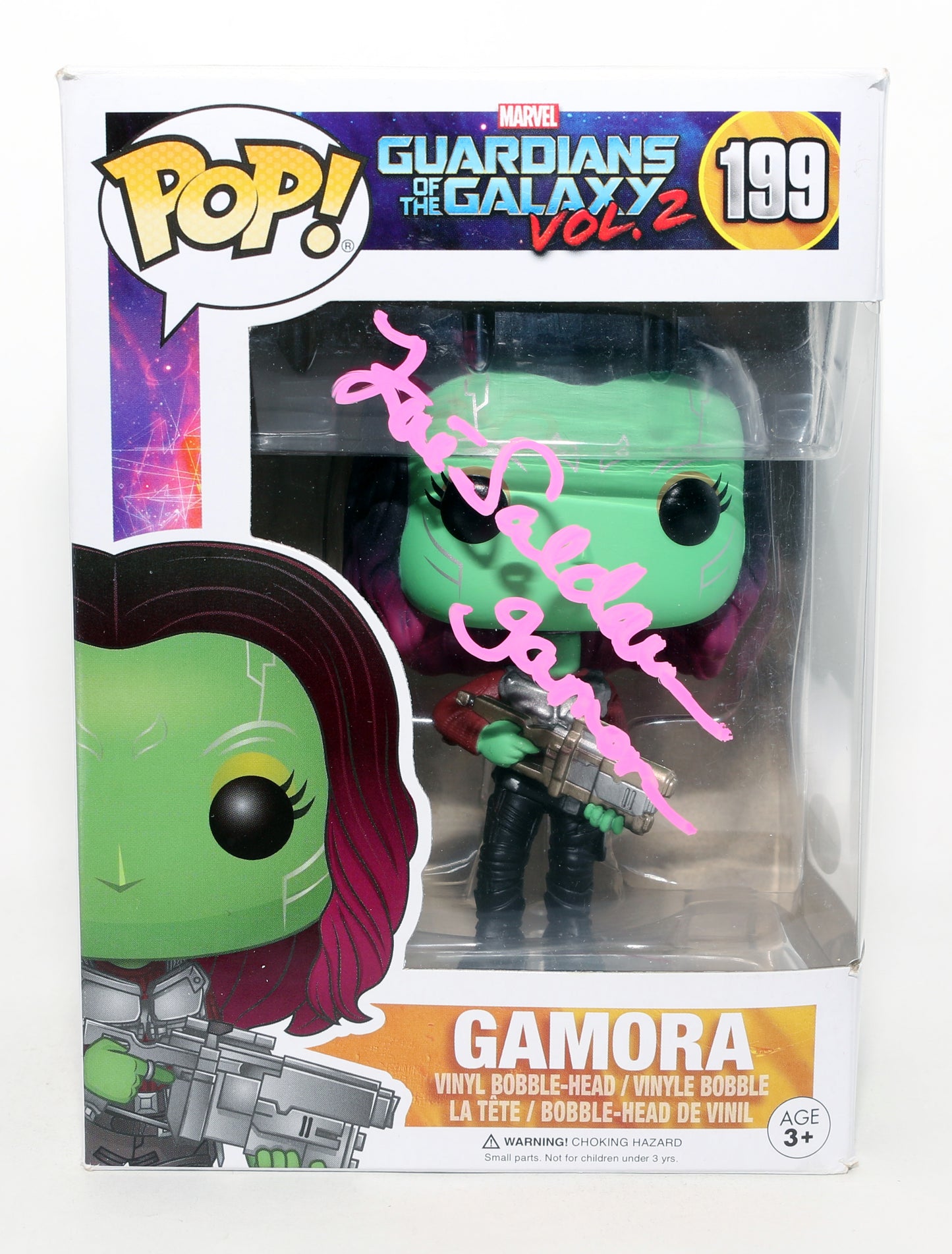 
                  
                    Zoe Saldaña as Gamora in Guardians of the Galaxy Galaxy Vol. 2 (JSA) Signed Funko POP! #199 with Character Name
                  
                