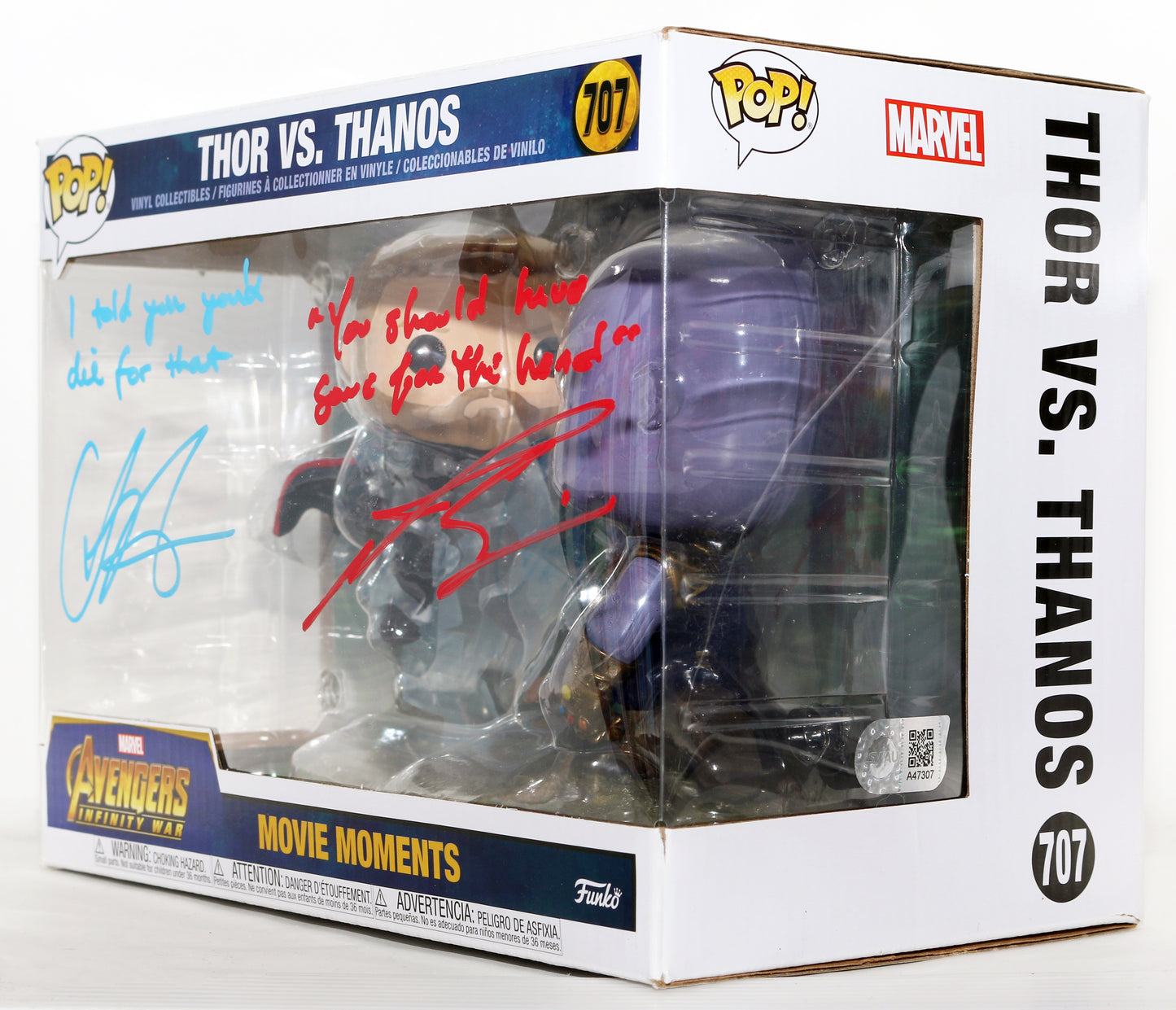 
                  
                    Chris Hemsworth as Thor vs. Josh Brolin as Thanos in Avengers: Infinity War (SWAU) Signed Movie Moments Oversized Funko POP! #707 with Quotes
                  
                