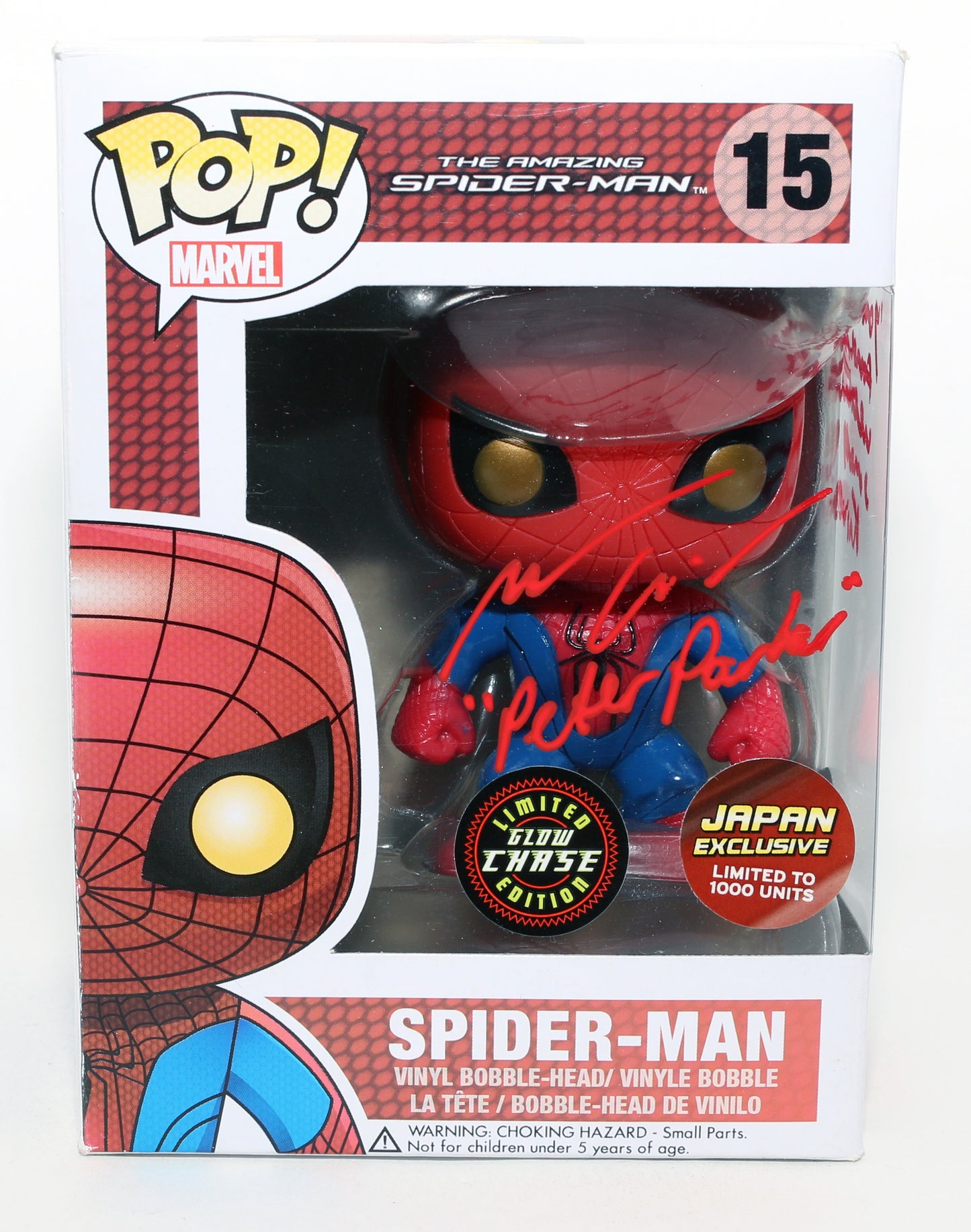 
                  
                    Andrew Garfield as Spider-Man in The Amazing Spider-Man GITD Limited Chase Edition Japan Exclusive Limited to 1000 (Beckett) Signed Funko POP! #15 with Character Name & Quote
                  
                