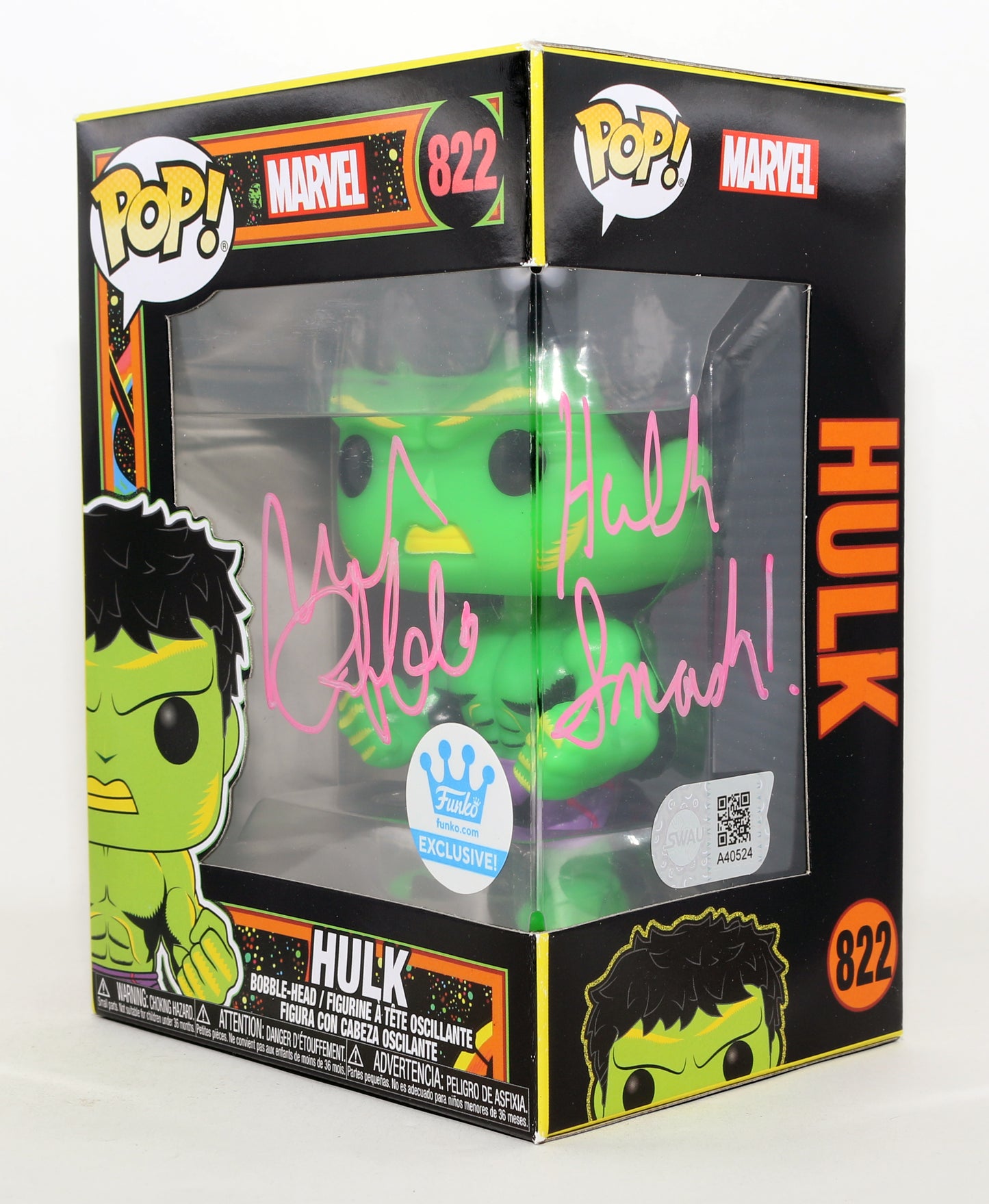 
                  
                    Mark Ruffalo as Hulk in The Avengers Blacklight Funko Store Exclusive (SWAU) Signed Funko POP! #822 with Quote
                  
                