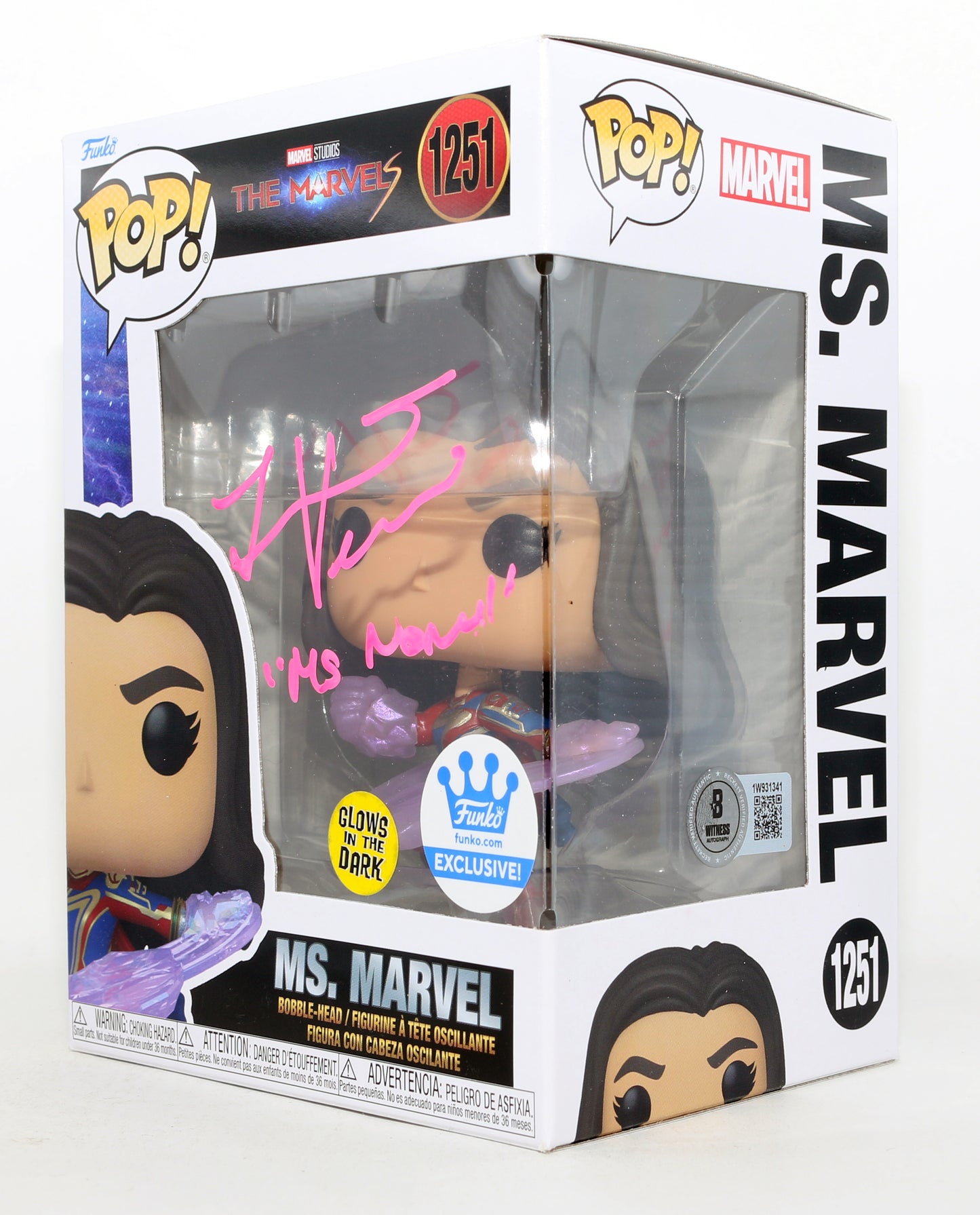 
                  
                    Iman Vellani as Ms. Marvel in The Marvels GITD Funko Store Exclusive (Beckett) Signed Funko POP! #1251 with Character Name
                  
                