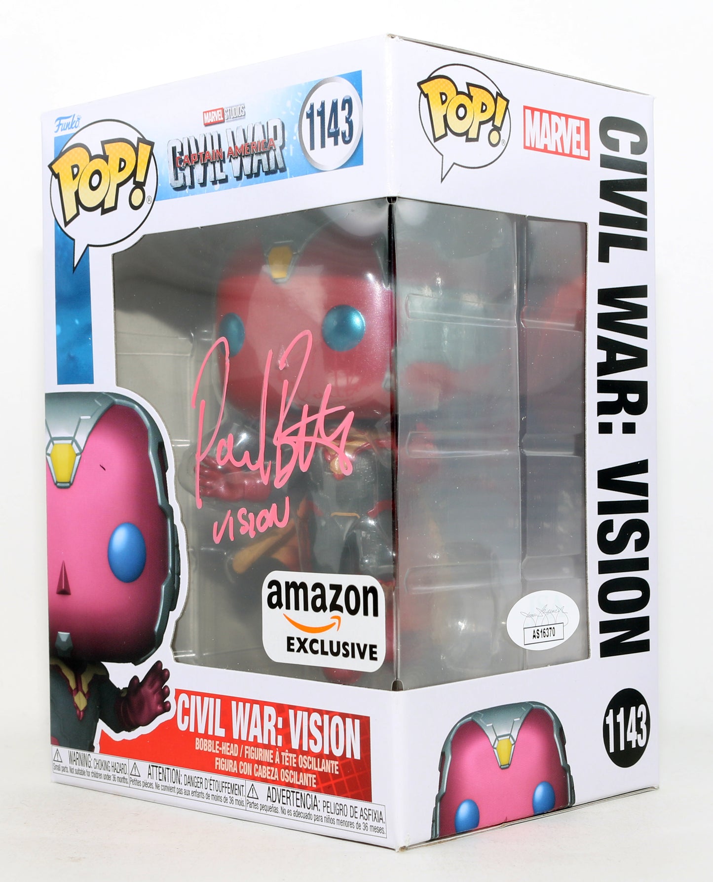 
                  
                    Paul Bettany as Vision in Captain America: Civil War Amazon Exclusive (JSA) Signed Funko POP! #1143 with Character Name
                  
                