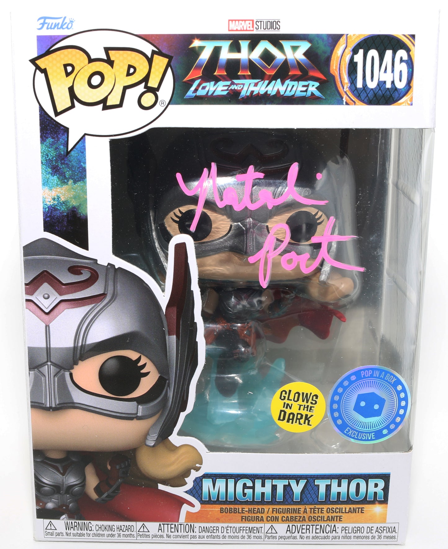 
                  
                    Natalie Portman as Mighty Thor in Thor: Love & Thunder GITD Pop in a Box Exclusive (SWAU) Signed Funko POP! #1046
                  
                