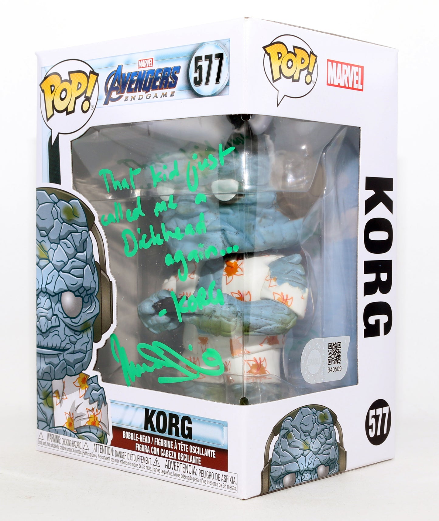 
                  
                    Taika Waititi as Korg in Avengers: Endgame (SWAU) Signed Funko POP! #577 with Character Name & Quote
                  
                