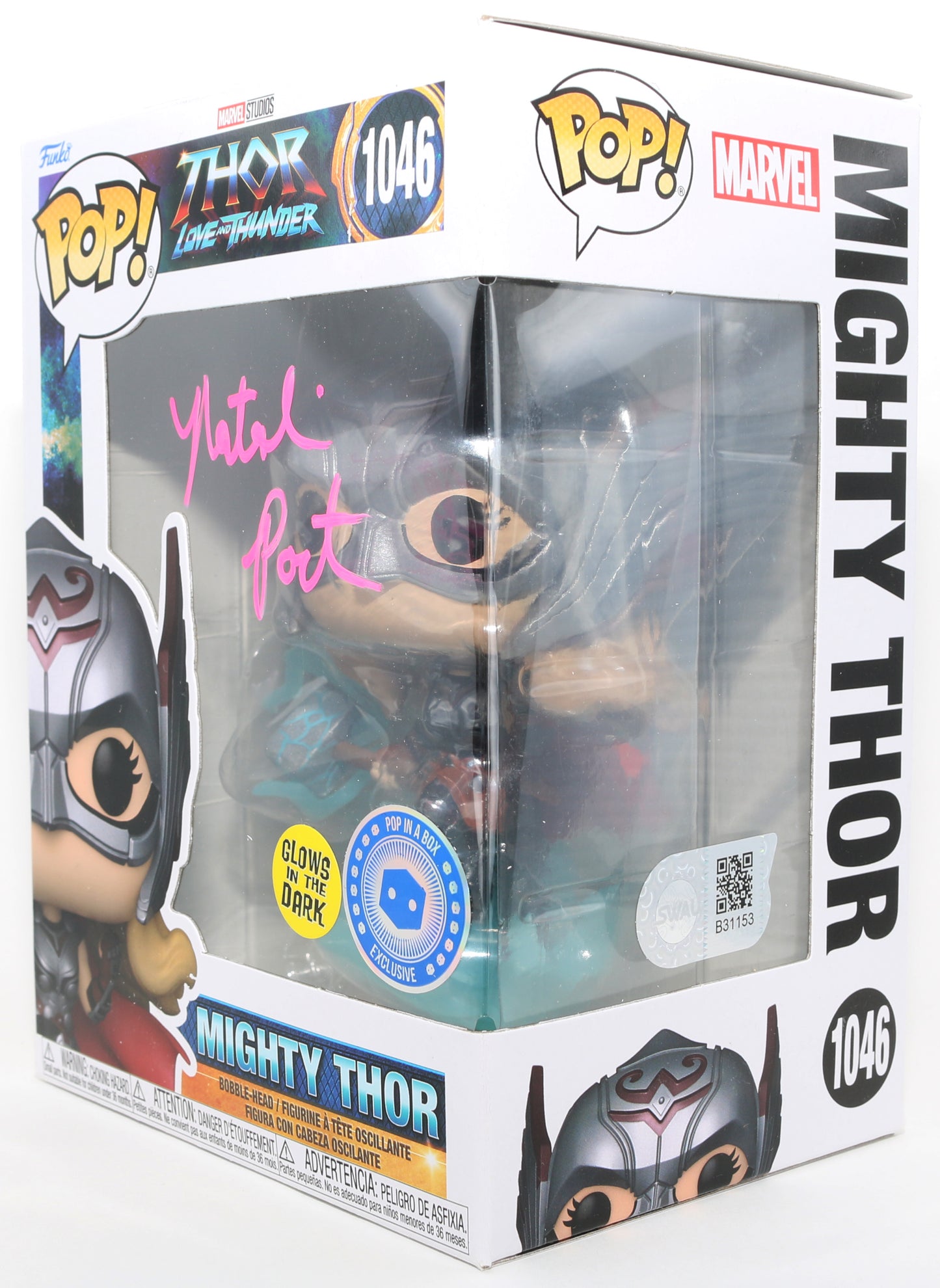 
                  
                    Natalie Portman as Mighty Thor in Thor: Love & Thunder GITD Pop in a Box Exclusive (SWAU) Signed Funko POP! #1046
                  
                