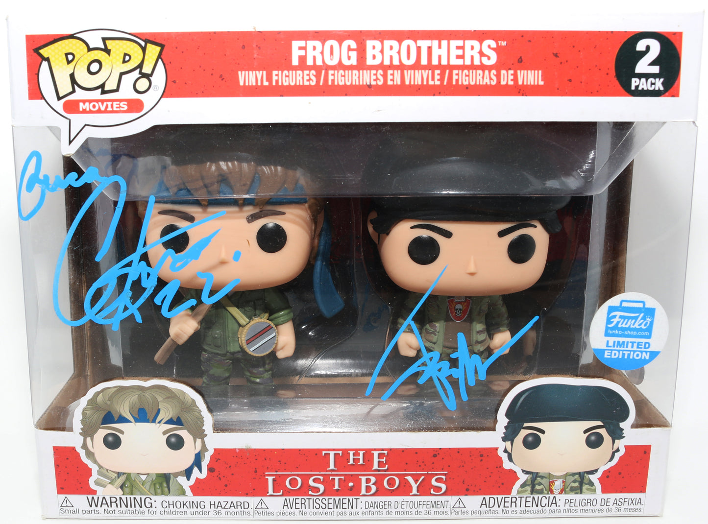 
                  
                    Corey Feldman as Edgar Frog & Jamison Newlander as Alan Frog in The Lost Boys Funko Store Limited Edition (PSA) Signed Funko POP! 2-Pack
                  
                