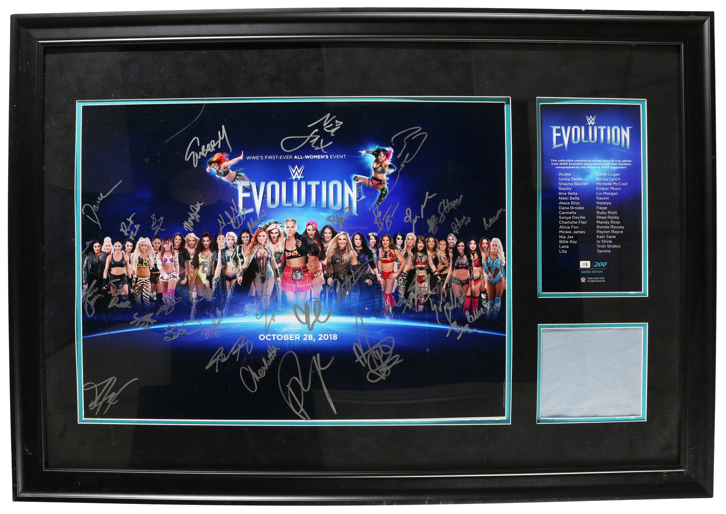 
                  
                    WWE Evolution Divas Framed Photo & Piece of Ring Canvas Limited Edition #118/200 Cast Signed by Asuka, Sasha Banks, Shayna Baszler, Bayley, Brie Bella, Nikki Bella, Alexa Bliss, Dana Brooke, Carmella, Sonya Deville, Charlotte Flair, & Others
                  
                