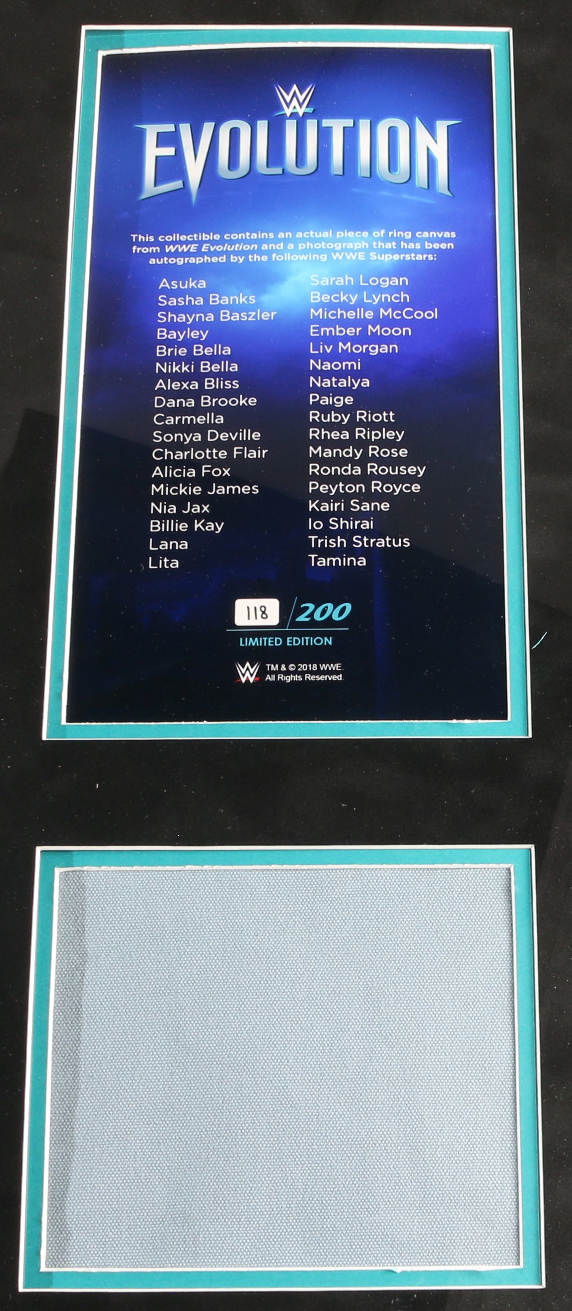 
                  
                    WWE Evolution Divas Framed Photo & Piece of Ring Canvas Limited Edition #118/200 Cast Signed by Asuka, Sasha Banks, Shayna Baszler, Bayley, Brie Bella, Nikki Bella, Alexa Bliss, Dana Brooke, Carmella, Sonya Deville, Charlotte Flair, & Others
                  
                