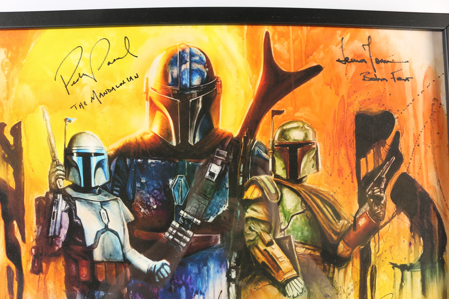 
                  
                    Pedro Pascal as The Mandalorian & Temura Morrison as Boba Fett in Star Wars: The Mandalorian Framed Signed 16x25 Rob Prior Art Print #17/25 with Character Names
                  
                
