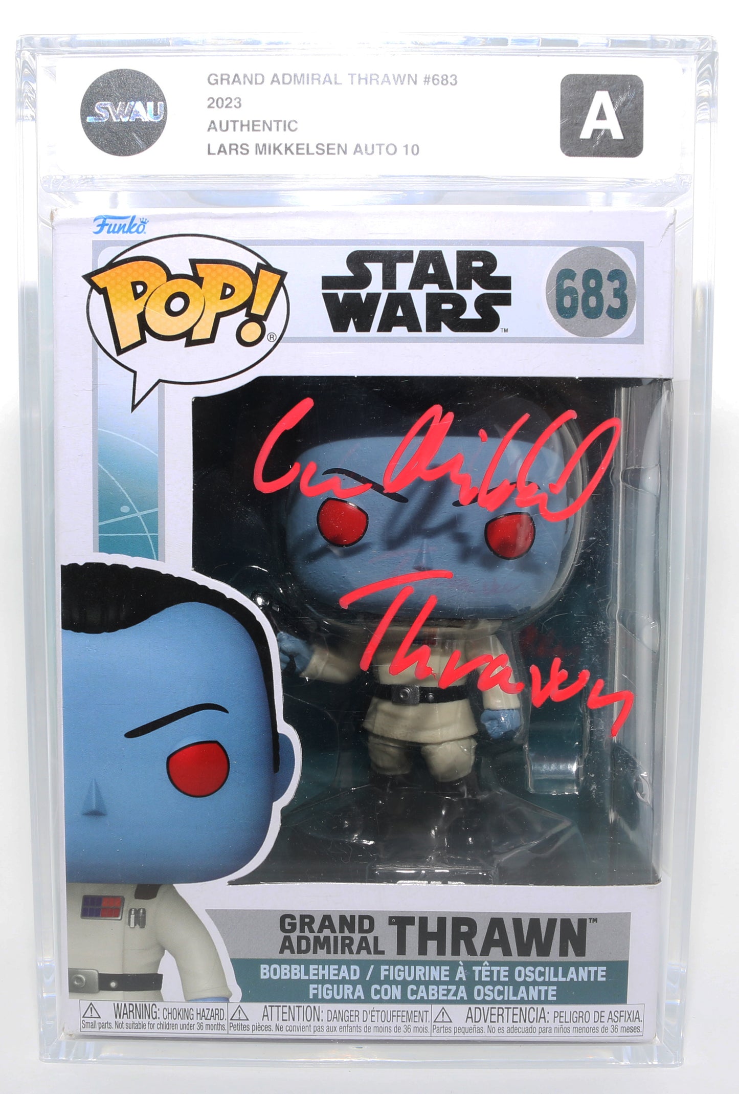 
                  
                    Lars Mikkelsen as Grand Admiral Thrawn in Star Wars: Ahsoka (SWAU Encapsulated Grade A / Auto 10) Signed Funko POP! #683 with Character Name
                  
                