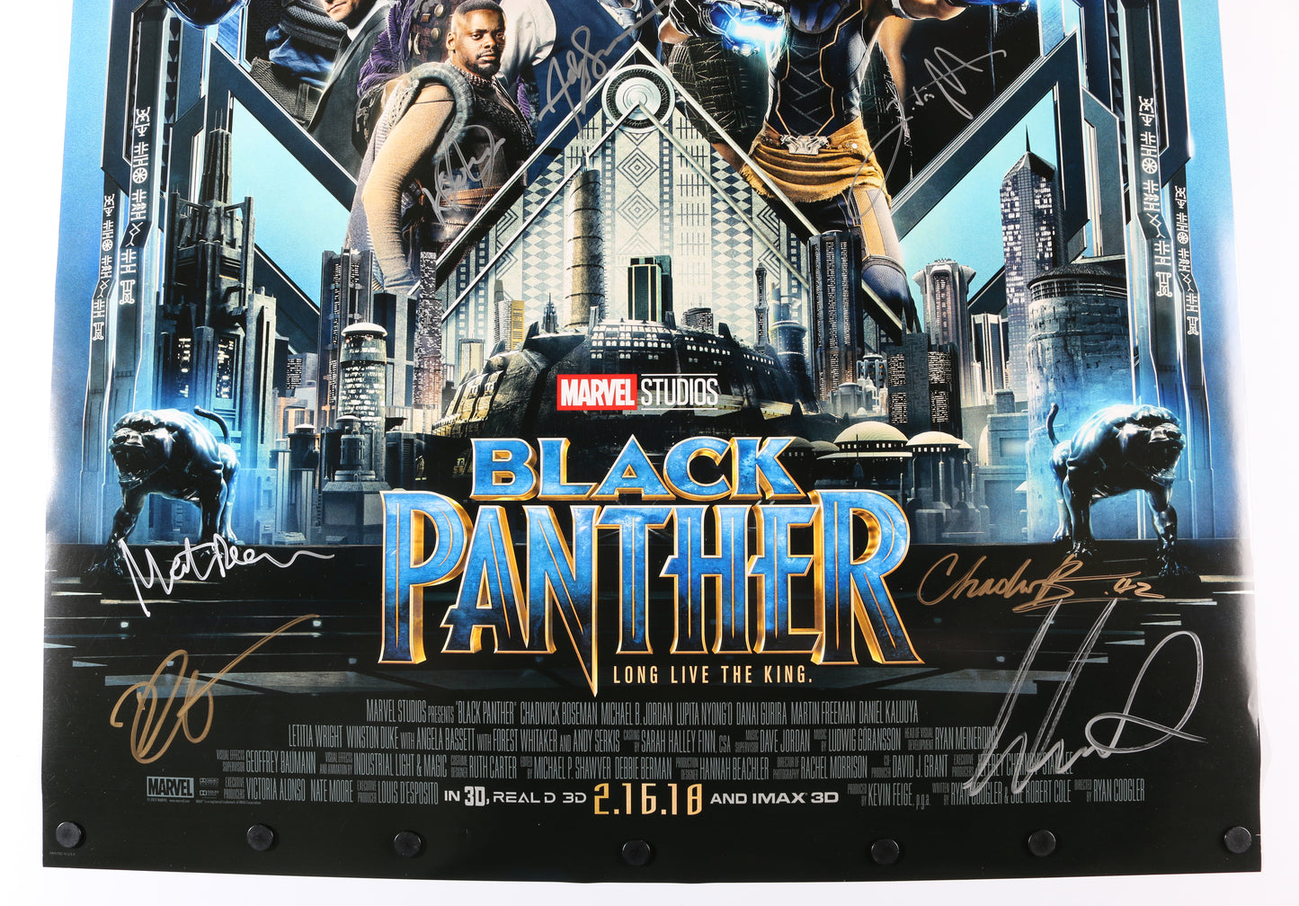 
                  
                    Black Panther 27x40 Poster Cast Signed by Chadwick Boseman, Michael B. Jordan, Lupita Nyong'o, Letitia Wright, Danai Gurira, Martin Freeman, Daniel Kaluuya, Angela Bassett, Forest Whitaker, Winston Duke, Andy Serkis, & Director: Ryan Coogler
                  
                