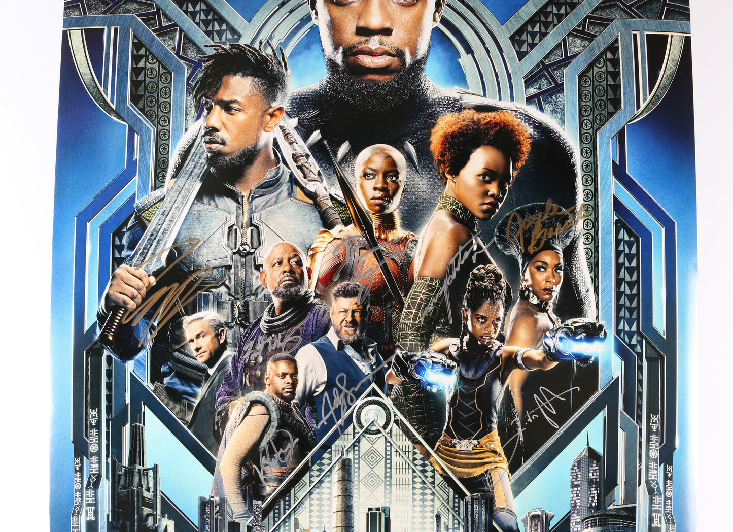 
                  
                    Black Panther 27x40 Poster Cast Signed by Chadwick Boseman, Michael B. Jordan, Lupita Nyong'o, Letitia Wright, Danai Gurira, Martin Freeman, Daniel Kaluuya, Angela Bassett, Forest Whitaker, Winston Duke, Andy Serkis, & Director: Ryan Coogler
                  
                