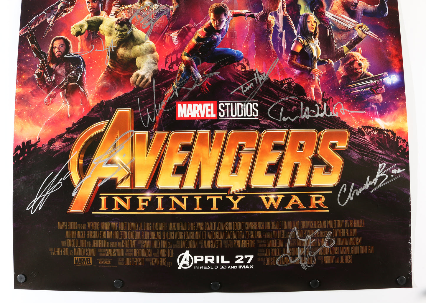 
                  
                    Avengers: Infinity War 27x40 Poster Cast Signed by Chadwick Boseman, Paul Bettany, Elizabeth Olsen, Josh Brolin, Anthony Mackie, Dania Gurira, Letitia Wright, Mark Ruffalo, Tom Holland, Don Cheadle, Chris Pratt, Tom Hiddleston, & Winston Duke
                  
                